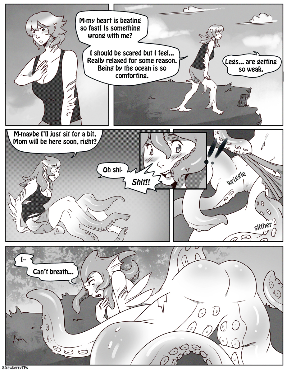2019 anthro ass biped blush bottomwear breasts cliff clothed clothing comic dialogue english_text female genitals gills grass growth hair hand_on_chest hand_on_own_chest human_to_anthro humanoid looking_down_at_self marine mid_transformation monochrome multi_limb neck_gills non-mammal_breasts nude onomatopoeia open_mouth outside plant pseudo_hair pussy shirt shorts sitting sitting_on_ground sky solo sound_effects species_transformation speech_bubble standing strawberrytfs suckers tail teeth tentacle tentacle_hair text topwear torn_clothing transformation transformation_sequence wardrobe_malfunction