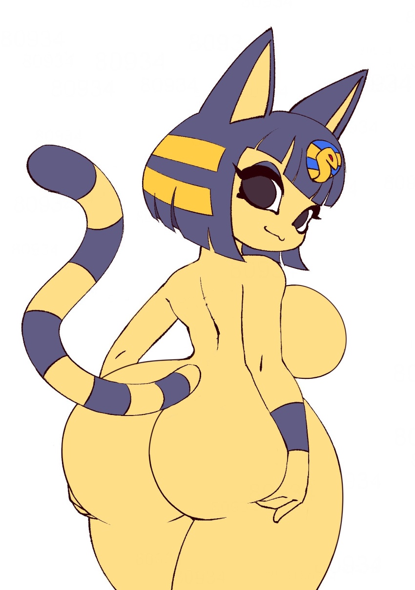 1girls, alternate breast size, animal crossing, ankha, anthro, ass, back, big ass, big breasts, big eyes, black eyes, blue fur, blue hair, bottom heavy, breasts, egyptian, eye contact, feline, female, furry, huge ass, looking at viewer, looking back, low-angle view, nintendo, nude, short hair, shortstack, sideboob, stripes, tail, thick thighs, wide hips, yellow fur