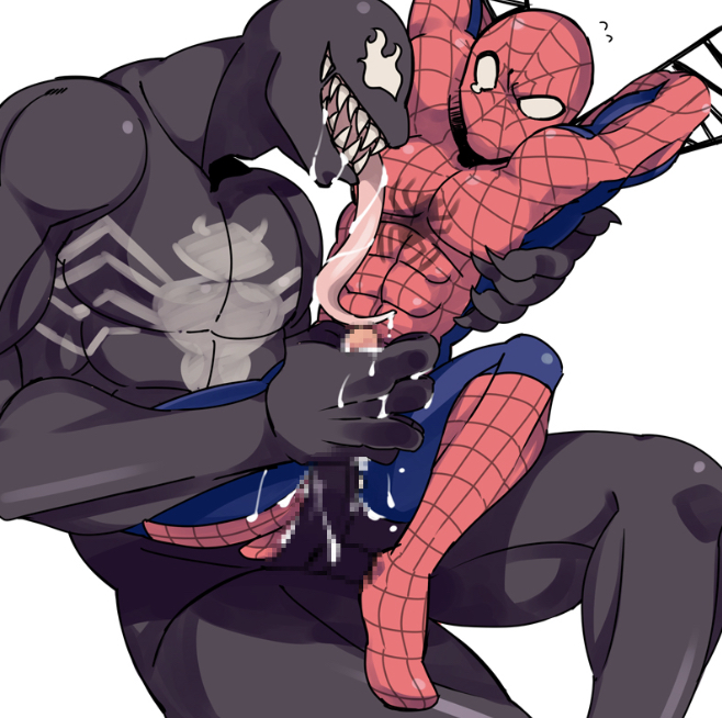2boys, abs, bara, bodysuit, censored, clothed, cum, gay, grabbing, hands behind back, hands behind head, interspecies, larger male, latex, long tongue, male, male only, marvel, marvel comics, mosaic censoring, nude, peter parker, questionable consent, restrained, sharp teeth, size difference, smaller male, source removed, spider-man, spider-man (series), venom (marvel), yaoi