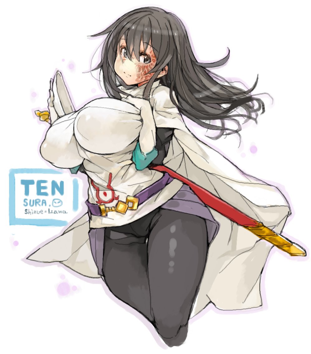 1girls, black eyes, black hair, breasts, clothing, female, female only, fully clothed, gloves, himazin88, izawa shizue, large breasts, nipple bulge, solo, tensei shitara slime datta ken