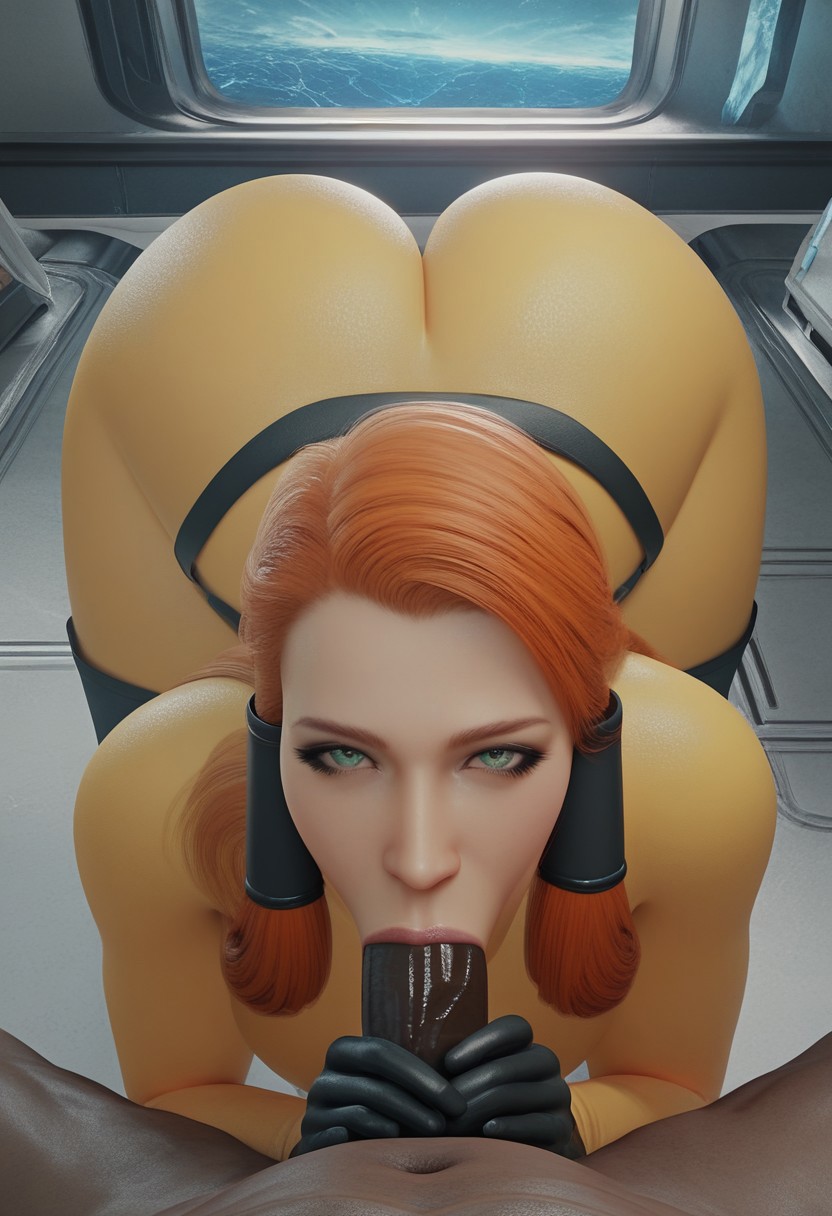 1boy, 1girls, ai generated, ass, big ass, big breasts, big penis, blowjob, bodysuit, breasts, crystalia amaquelin, dark skin, dark-skinned male, deep blowjob, deepthroat, eye contact, female, grabbing penis, green eyes, hair tubes, huge ass, huge breasts, huge cock, indoors, interracial, light skin, light-skinned female, long hair, long penis, looking at viewer, male, male pov, marvel, marvel comics, oral, orange hair, penis, pov, sodaglow artist