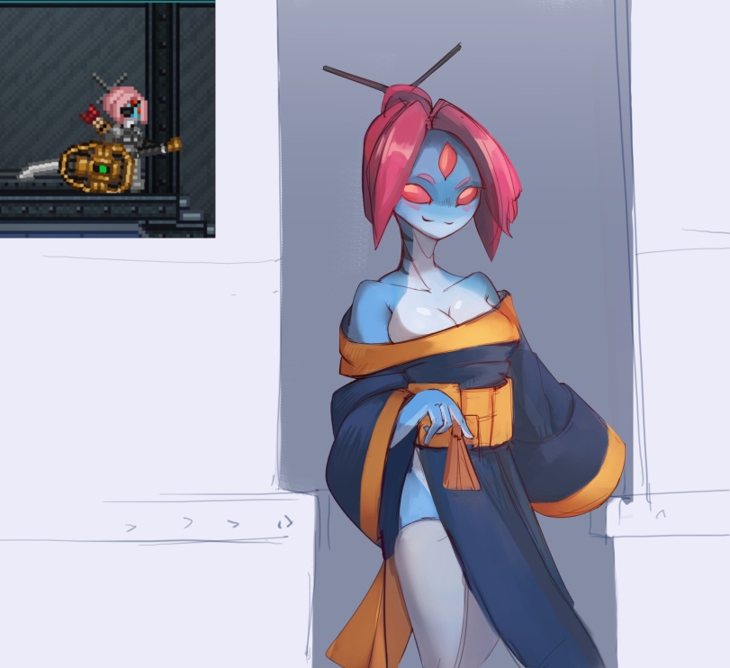 3_eyes alien alien_girl amphibian artist_request blue_body female hair_bun hylotl japanese_clothes japanese_clothing kimono light_blue_body multicolored_body red_eyes red_hair reference_image seductive starbound stripping tagme teal_body white_body