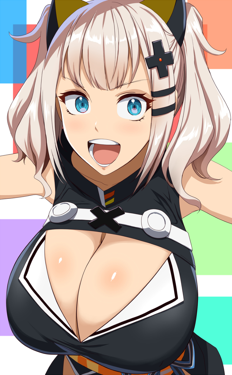 1girls, blue eyes, breasts, cleavage, colored background, colorful background, female, female only, huge breasts, kaguya luna, kloah, large breasts, lower teeth, open mouth, solo, solo female, tagme, teeth, the moon studio, upper teeth, virtual youtuber, white hair