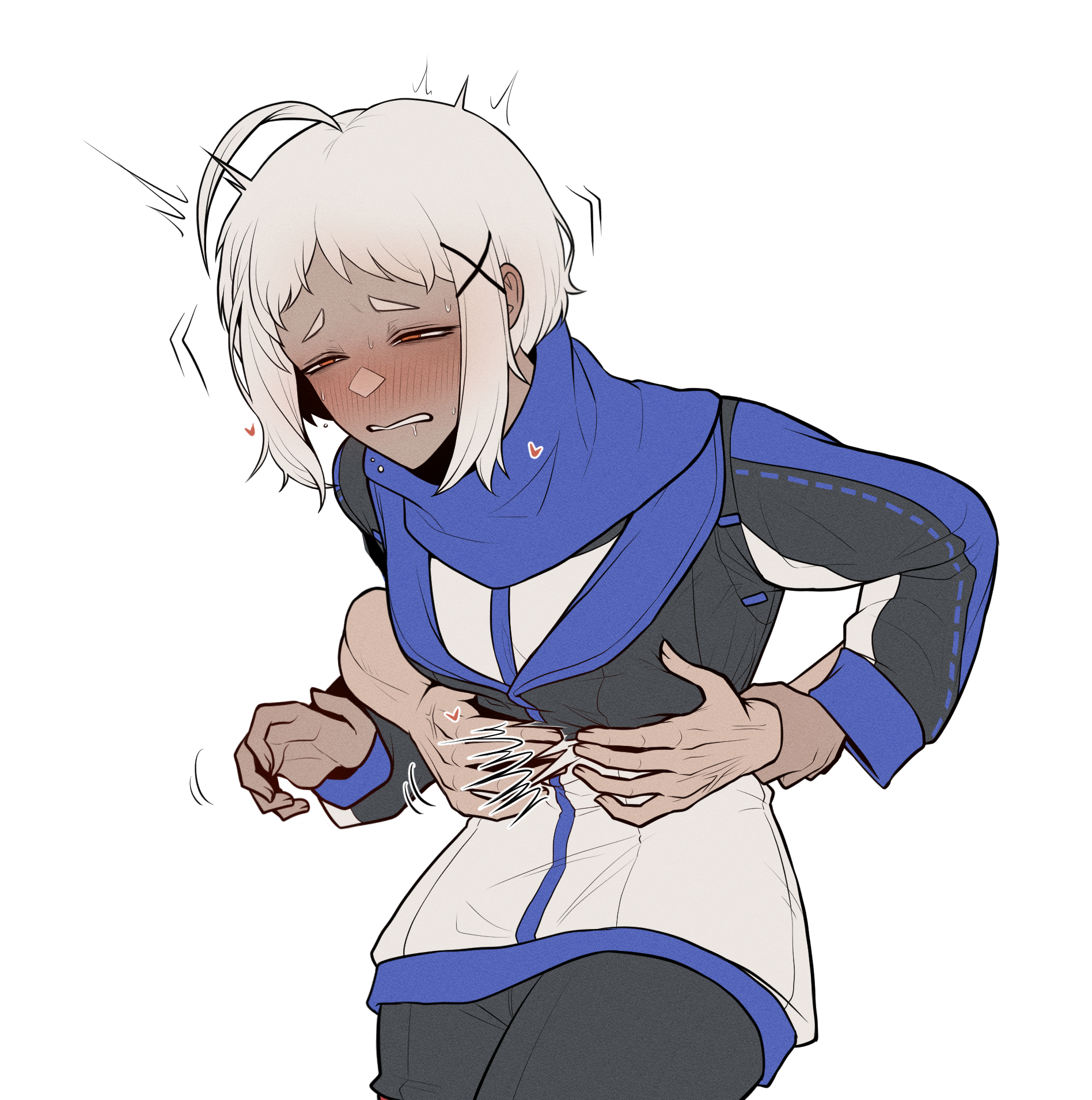 ahoge, aya (limbus company), blush, blush lines, blushing, drooling, limbus company, misg1111, project moon, ruina card art attack victim grey guy, surprised, tagme, white background, white hair, womb stimulation