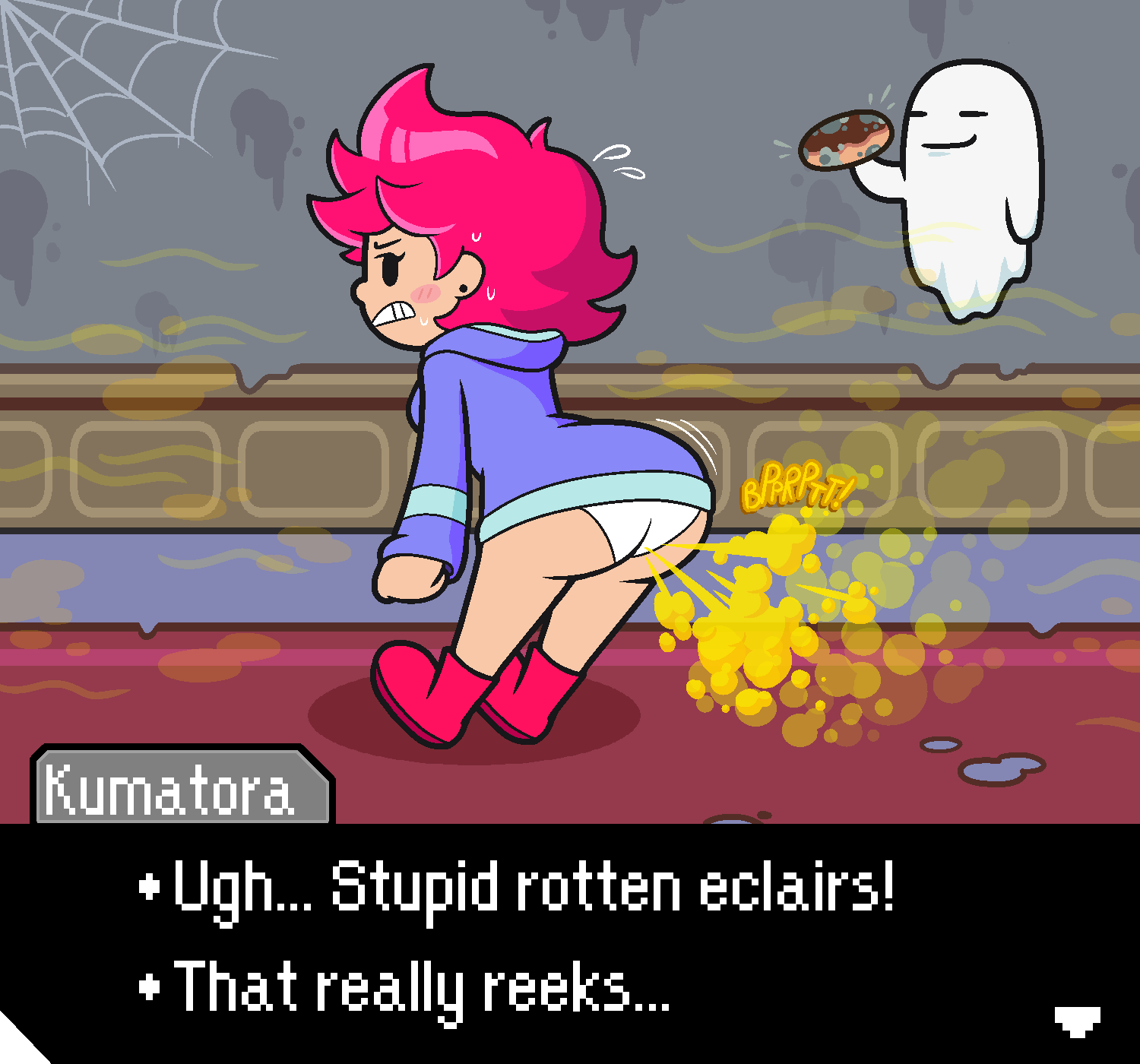 blush earthbound eclair fart fart_cloud fart_everywhere fart_fetish farting farting_at_viewer farts female female_farting ghost kumatora light-skinned_female light_skin moldy_food mother_(series) mother_3 nintendo panties pink_hair sorollos stench stink_fumes stinky