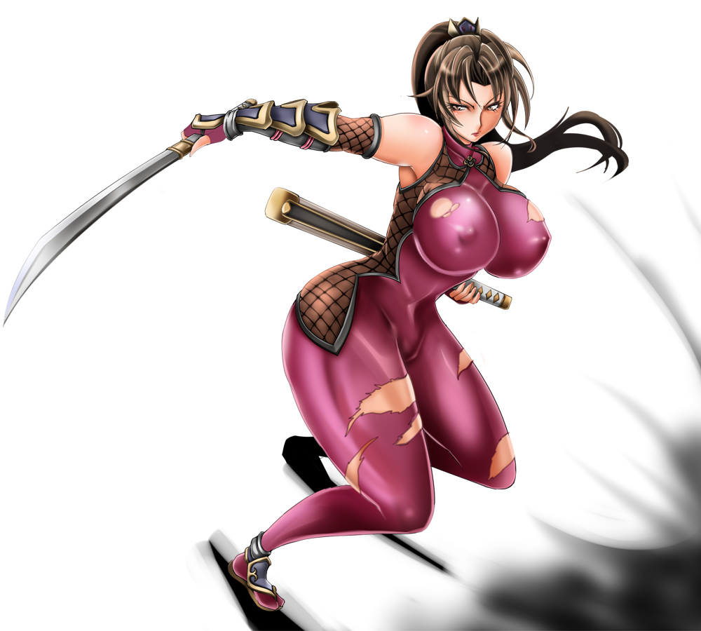 1041_(toshikazu) alluring armor athletic_female battle_damage big_breasts bodysuit brown_eyes brown_hair covered_erect_nipples curvy female female_abs fit_female katana kunoichi long_hair ninja ponytail project_soul purple_bodysuit skin_tight soul_calibur soul_calibur_ii soul_calibur_iii soul_calibur_vi sword taki taki_(soulcalibur) thick_thighs thighs torn_clothes weapon