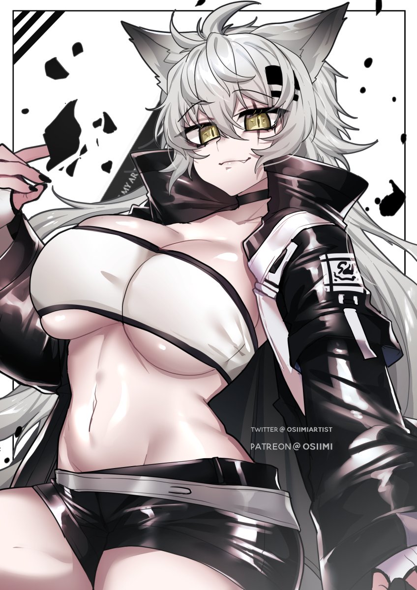 animal ears, arknights, big breasts, breasts, choker, curvy, female, grey fur, grey hair, lappland (arknights), looking at viewer, oerba yun fang, open shirt, osiimi, scar, shorts, wide hips, wolf ears, wolf girl, yellow eyes