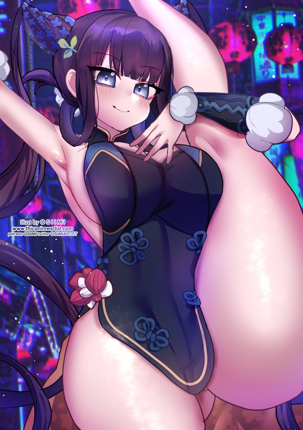 alternate breast size, ass visible through thighs, big breasts, blue eyes, breasts, china dress, dark hair, fate (series), fate/grand order, female, hair ornament, looking at viewer, osiimi, raised leg, thick thighs, twintails, wide hips, yang guifei (fate/grand order)