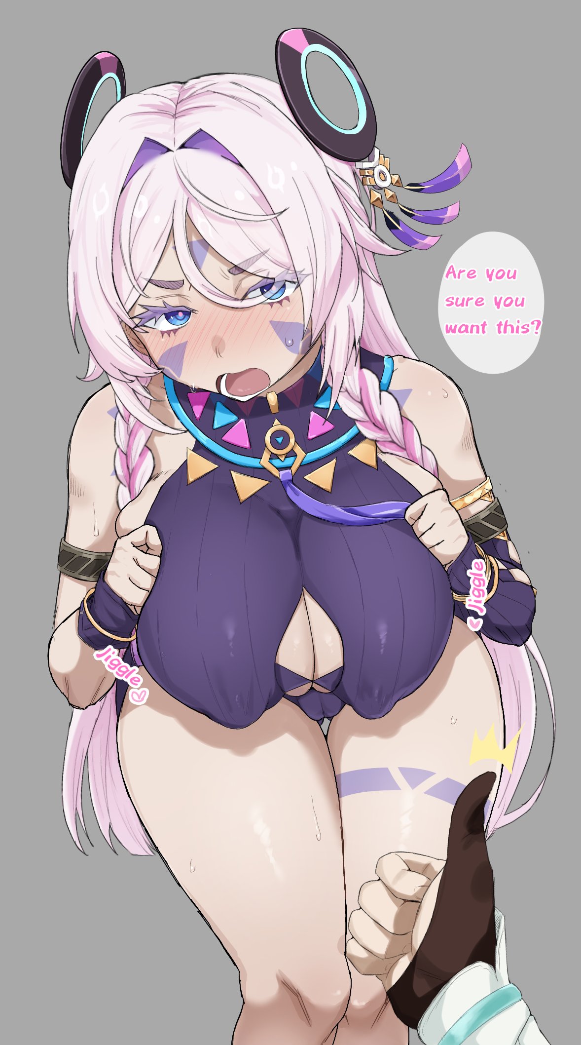 2girls, ass, ass visible through thighs, breasts, cameltoe, citlali (genshin impact), edit, edited, english text, female, female focus, female only, genshin impact, gonzalo costa, large breasts, light skin, light-skinned female, looking at viewer, lumine (genshin impact), nawel, pussy, text, thick thighs, thighs, thumbs up, translated, wide hips