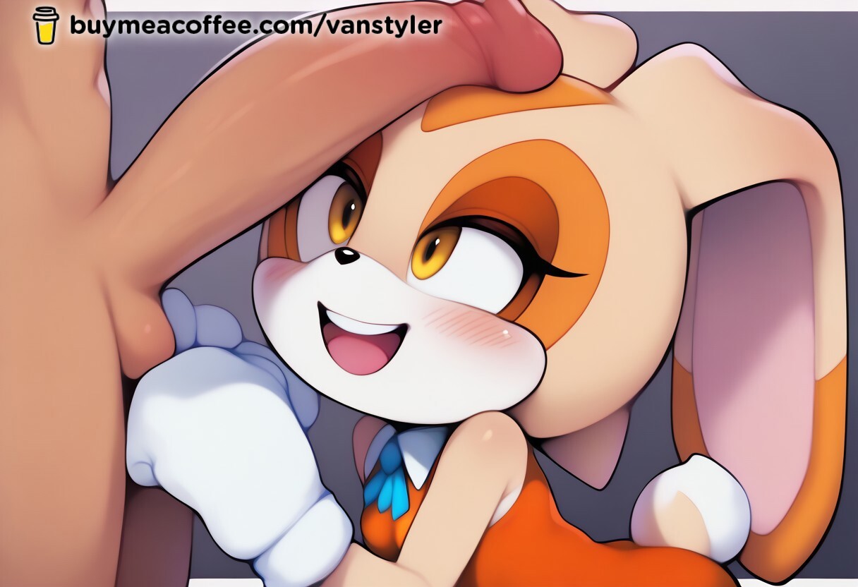 aged up, ai generated, anthro, balls, big penis, blush, bodysuit, breasts, brown eyes, bunny ears, bunny tail, cream the rabbit, faceless male, female, furry, gloves, grabbing penis, happy, human, human on anthro, long ears, looking pleasured, male, penis, penis over head, petite, rabbit ears, rabbit tail, size difference, small breasts, sonic (series), tan fur, vanstyler