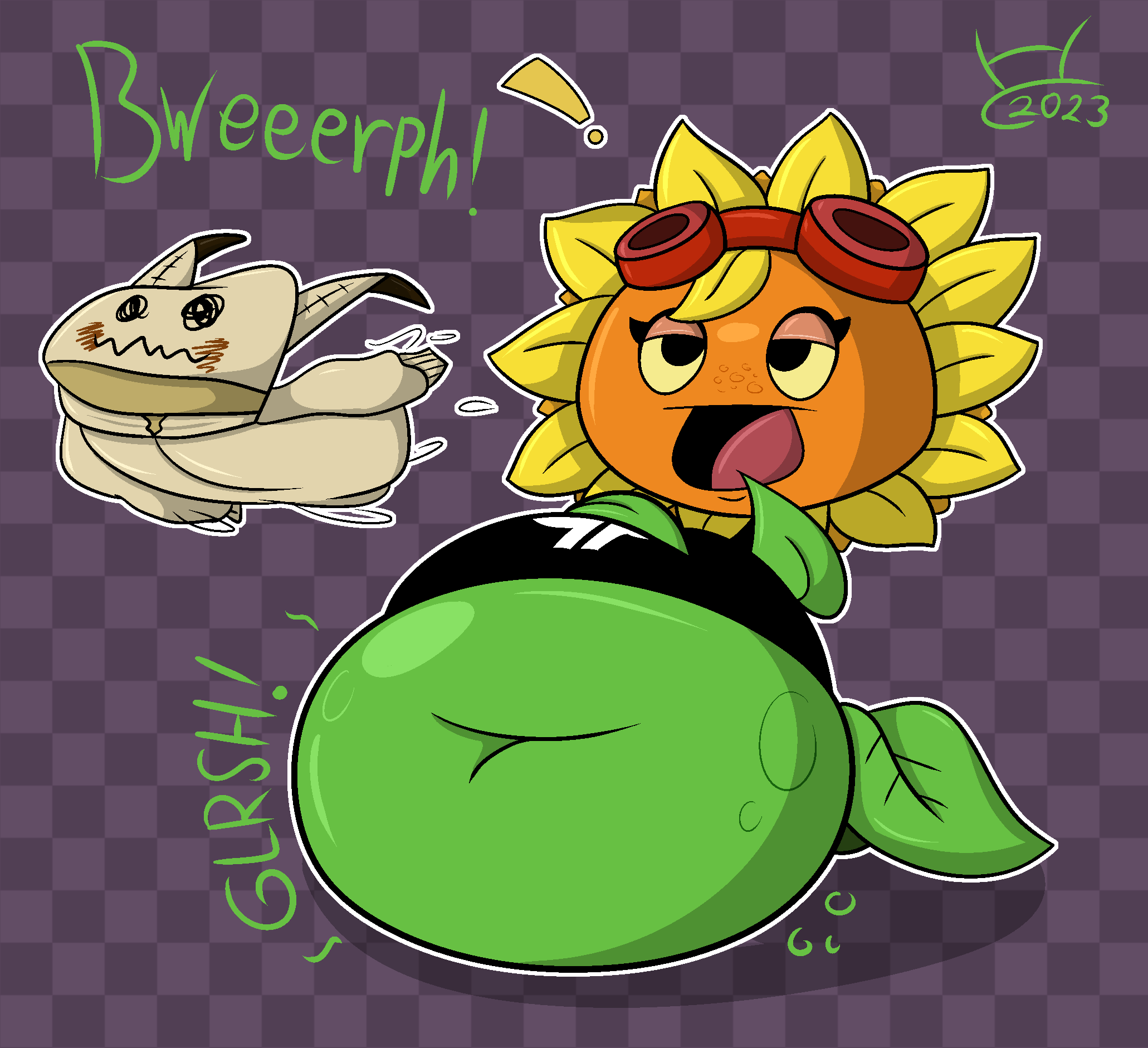 1girls anthro anthrofied ass belly belly_bulge breasts burp burping burping_up_clothes fat female female_pred flora_fauna hatty_ya_ku inflation mimikyu obese plant plant_girl plant_humanoid plantie plants_vs._zombies plants_vs_zombies pokemon_(species) popcap_games pred solar_flare_(pvz) sunflower_(pvz) vore vore_belly weight_gain