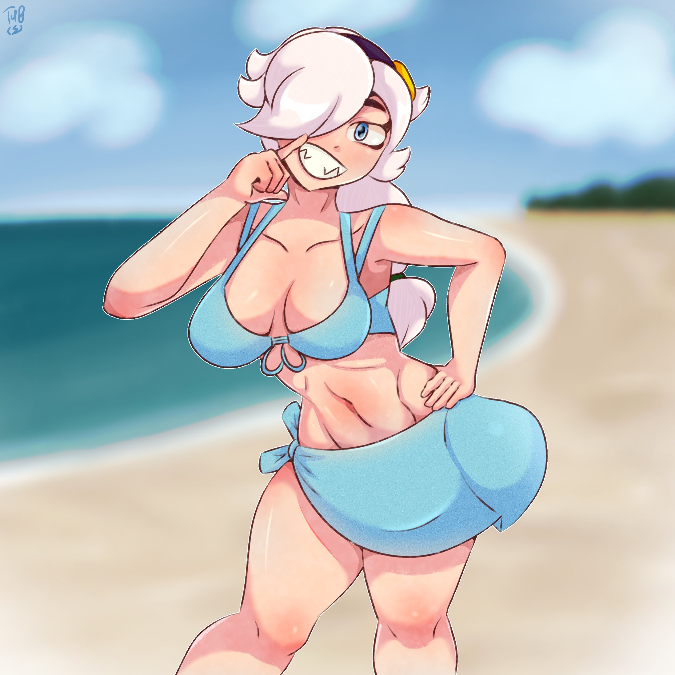 beach, beach background, bikini, bikini skirt, bikini top, blue bikini, blue eyes, brawl stars, colette (brawl stars), fangs, female, female only, looking at viewer, navel, posing, smile, smiley face, solo, solo female, supercell, tagme, tubstrokes, white hair