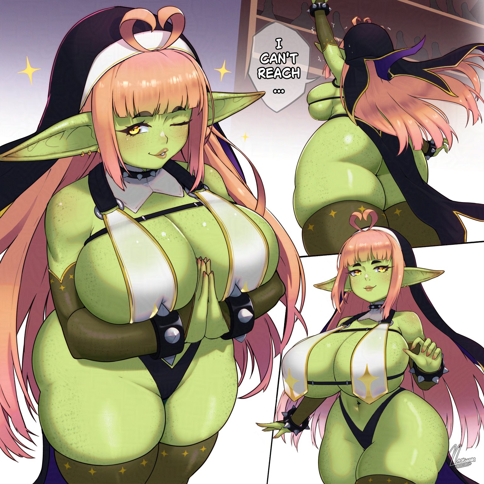 1girls, ahoge, ass, big breasts, blush, breasts, dialogue, english text, female, female only, goblin, goblin female, gold eyes, green skin, heart ahoge, hi res, large breasts, long hair, looking at viewer, matcha (noxcuro), noxcuro, nun, nun outfit, pink hair, pointy ears, shortstack, skimpy, skimpy clothes, smiling, smiling at viewer, solo, speech bubble, spiked bracelet, spiked collar, thick, thick ass, thick thighs, thigh squish, thighhighs, wink, winking at viewer, yellow eyes
