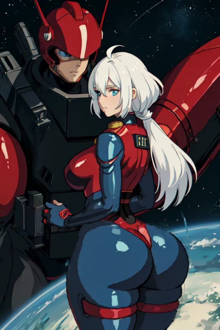 1boy ahoge ass blue_eyes bodysuit breasts earth_(planet) female from_behind helmet huge_ass large_breasts long_hair looking_at_viewer looking_back low_ponytail planet ponytail science_fiction space thick_thighs weapon white_hair