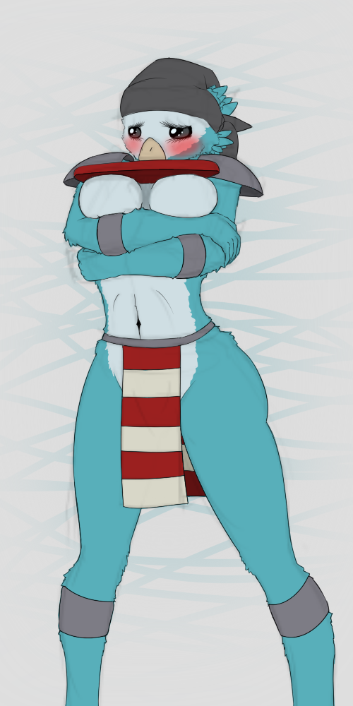 alien alien_girl artist_request avian avian_(starbound) big_breasts bird blue_fur blush breasts covering covering_breasts female hankerchief ineffective_clothing light_blue_fur loincloth multicolored_fur starbound tagme white_fur