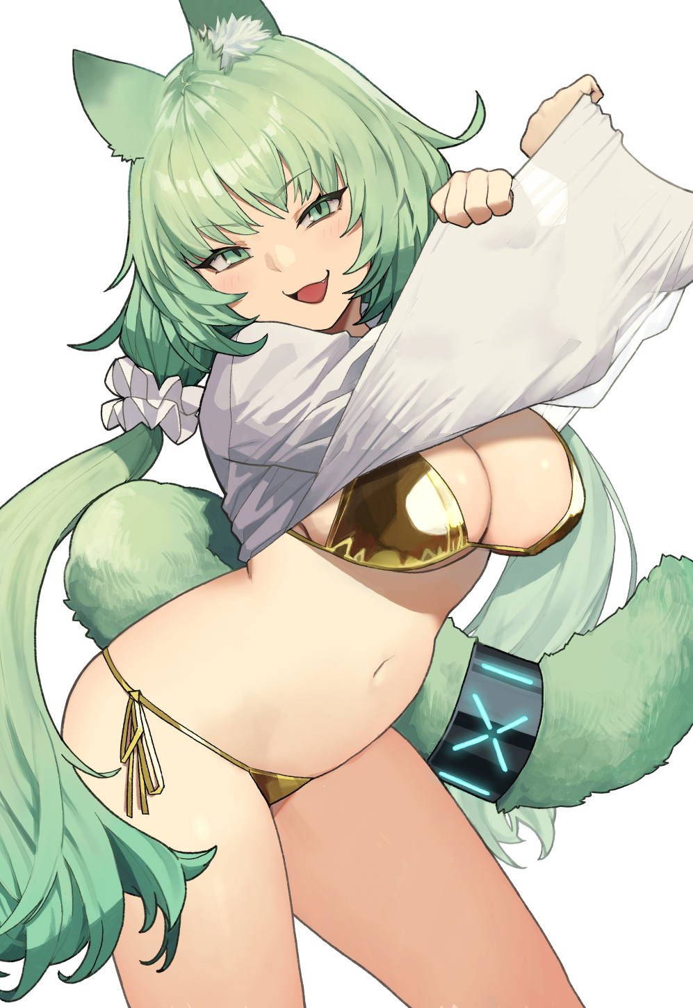 :d, 1girls, animal ear fluff, animal ears, arknights, bikini, breasts, cat ears, cat tail, cleavage, clothes lift, contrapposto, cowboy shot, female, fluffy tail, frilled ribbon, frills, gold bikini, golden week, golden week bikini, green eyes, green hair, green tail, hair ribbon, harmonie (arknights), infection monitor (arknights), large breasts, lifting own clothes, light blush, long hair, navel, oerba yun fang, open mouth, ribbon, shiny clothes, shirt, shirt lift, side-tie bikini bottom, simple background, smile, solo, standing, swimsuit, tail, tail ornament, thighs, tongue, twintails, undressing, wcbc02, white background, white ribbon, white shirt