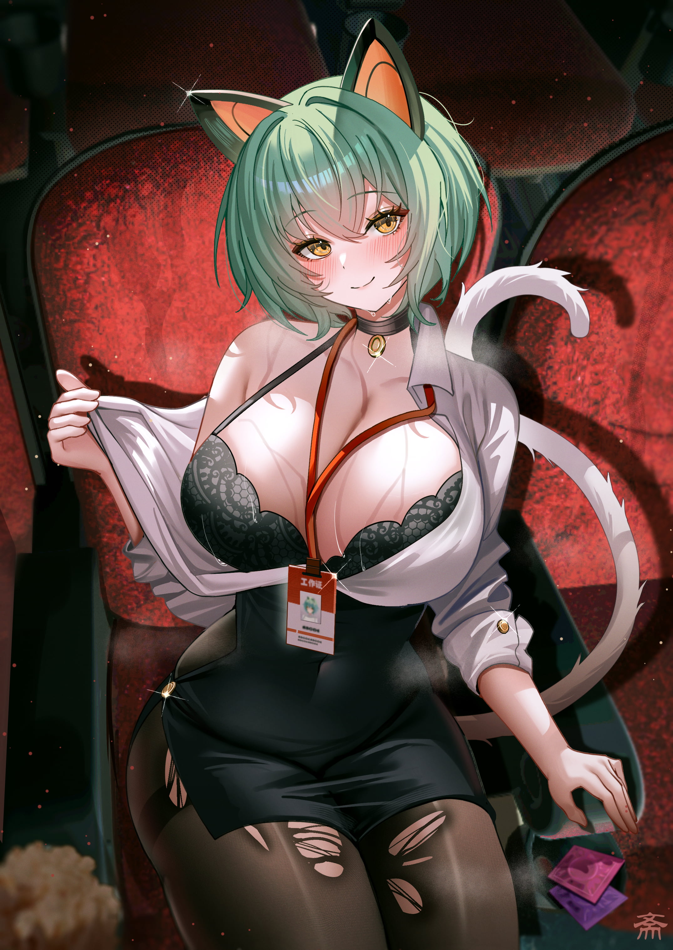 1girls, 2024, 2d, 2d (artwork), admiral nakhimov (azur lane), animal ears, azur lane, badge, blush, breasts, cat ears, chair, choker, color, colored, condom, fake animal ears, fake cat ears, female, female focus, female only, green hair, huge breasts, light skin, light-skinned female, navel visible through clothes, northern parliament (azur lane), pantyhose, torn clothes, torn pantyhose, yellow eyes