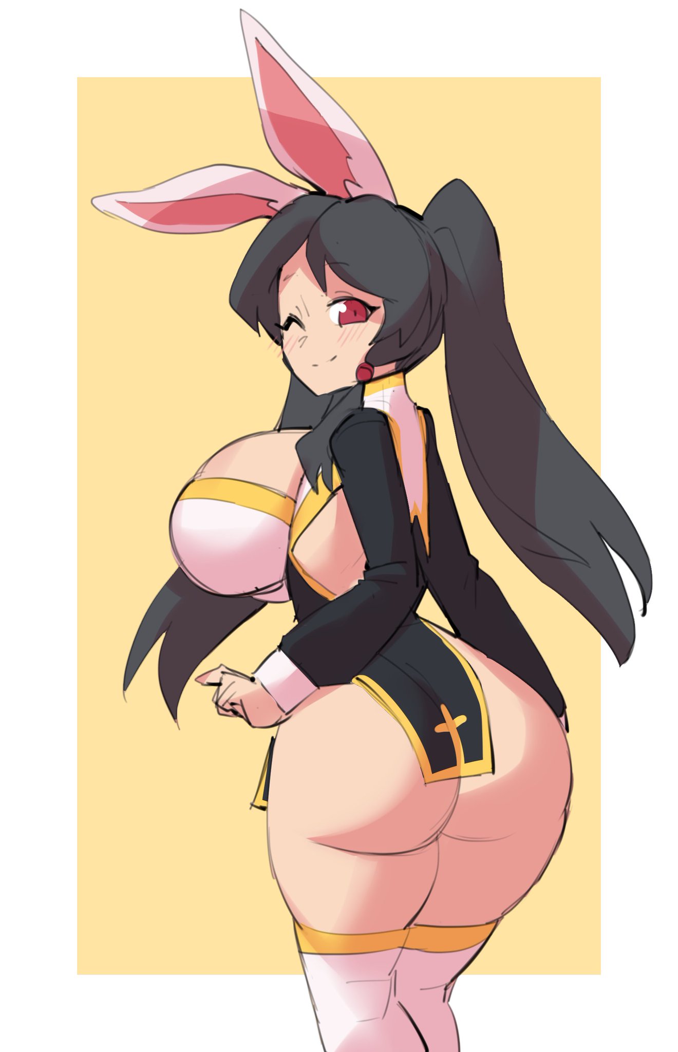 1girls, ass, ass focus, back view, big ass, big breasts, black hair, borvar, breasts, bunny ears, bunny girl, bunny tail, bunnysuit, fate (series), fate/grand order, female, female only, huge ass, huge breasts, ishtar (fate), large ass, large breasts, light-skinned female, playboy bunny, red eyes, solo, tagme, wide hips