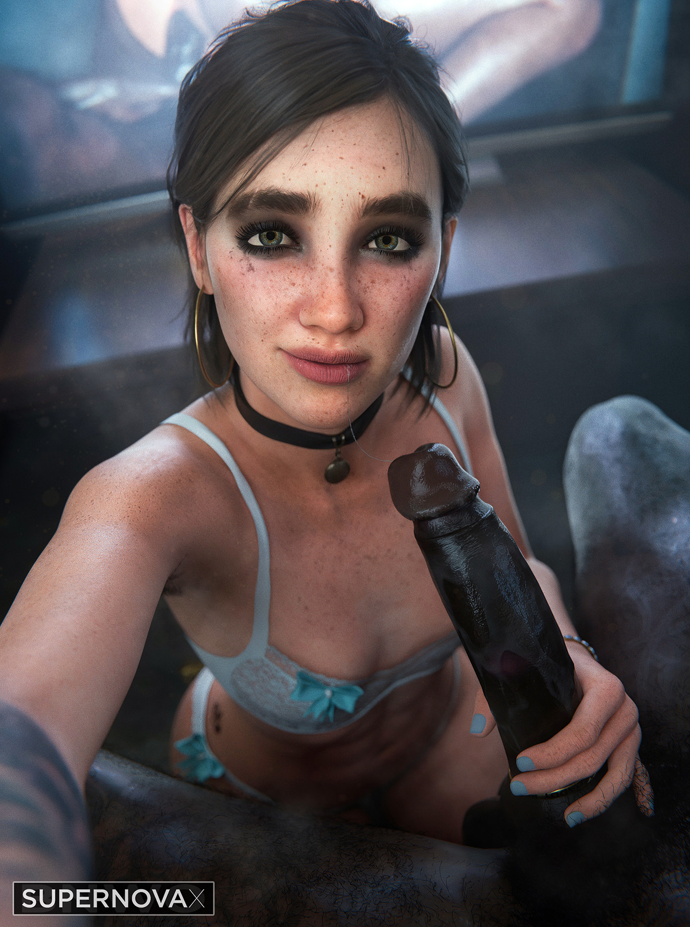 1boy, 1girls, 2025, 3d, abs, after fellatio, artist name, big penis, bra, bracelet, breasts, choker, circumcised, clothed female nude male, cock, collar, dark skin, dark-skinned male, detailed background, duo, earrings, ellie (the last of us), ellie williams, eyeshadow, female, freckles, freckles on face, green eyes, hand on penis, handjob, holding penis, hoop earrings, huge cock, implied fellatio, indoors, interracial, jewelry, light skin, light-skinned female, lingerie, lingerie only, looking at viewer, makeup, male, male/female, mascara, medium breasts, naughty dog, nude, nude male, pale skin, pale-skinned female, panties, partial male, partially clothed, penis, queen of spades, selfie, selfie pose, selfie with penis, skinny, small breasts, smile, smiling, smiling at viewer, sony interactive entertainment, straight, supernovax, tagme, television, the last of us, the last of us 2, tomboy feminized, underwear, underwear only, unseen male face, watching sex, watermark
