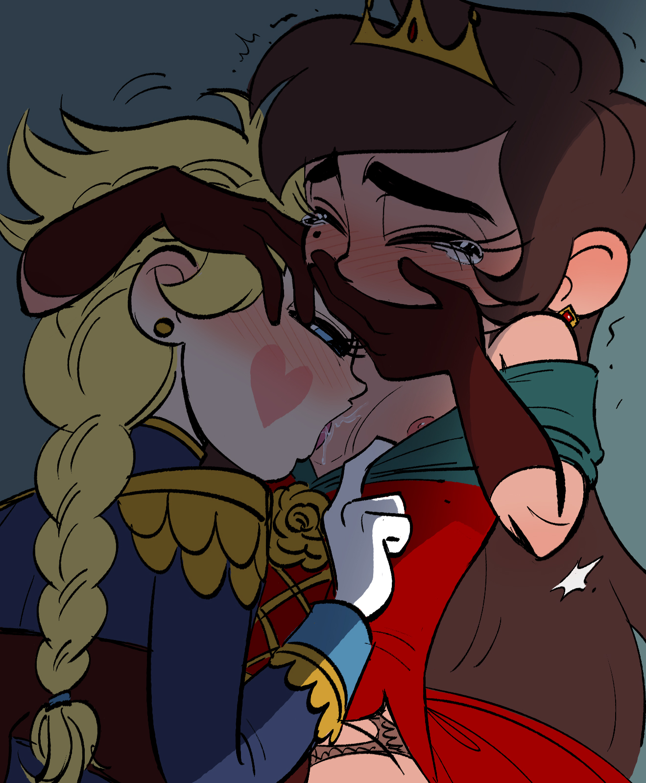 1boy, 1girls, blonde female, blonde hair, breast sucking, breasts, brown hair, c2ndy2c1d (artist), crossdressing, crossdressing female, crossdressing male, crown, dominant female, female, femboy, femboy on female, femboy on tomboy, feminine male, feminization, jojo reference, latino male, male, marco diaz, masculine female, ponytail, princess, princess marco, princess turdina, role reversal, star butterfly, star vs the forces of evil, submissive male, sucking, sucking nipples, tomboy