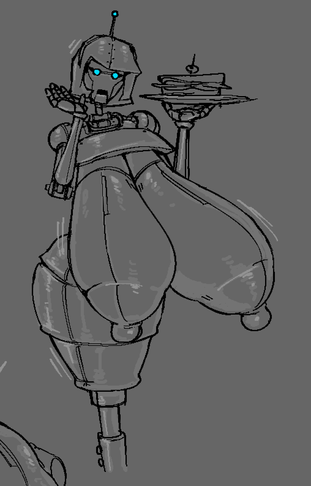 1girls blue_eyes breasts breasts_bigger_than_head female gigantic_breasts greyscale holding_plate looking_at_viewer monochrome nipples plate robot robot_girl sandwich scout's_mother solo submarichamomi2 team_fortress_2
