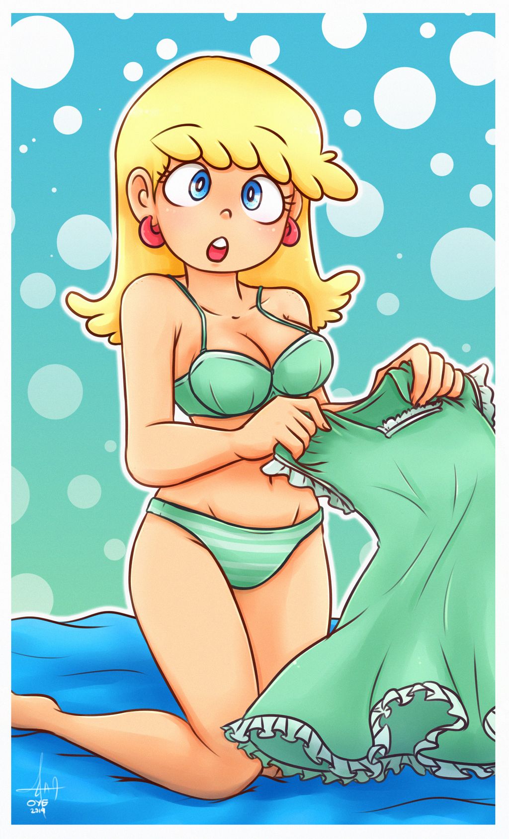 :o, 1girls, blonde hair, blue eyes, bra, breasts, cleavage, clothing, drawsoyeah, dress, earrings, female, female focus, female only, green bra, green panties, holding clothing, human, legs, leni loud, long hair, matching underwear, midriff, navel, nickelodeon, open mouth, panties, solo, solo female, solo focus, straight hair, striped panties, the loud house, thighs, underwear, underwear only