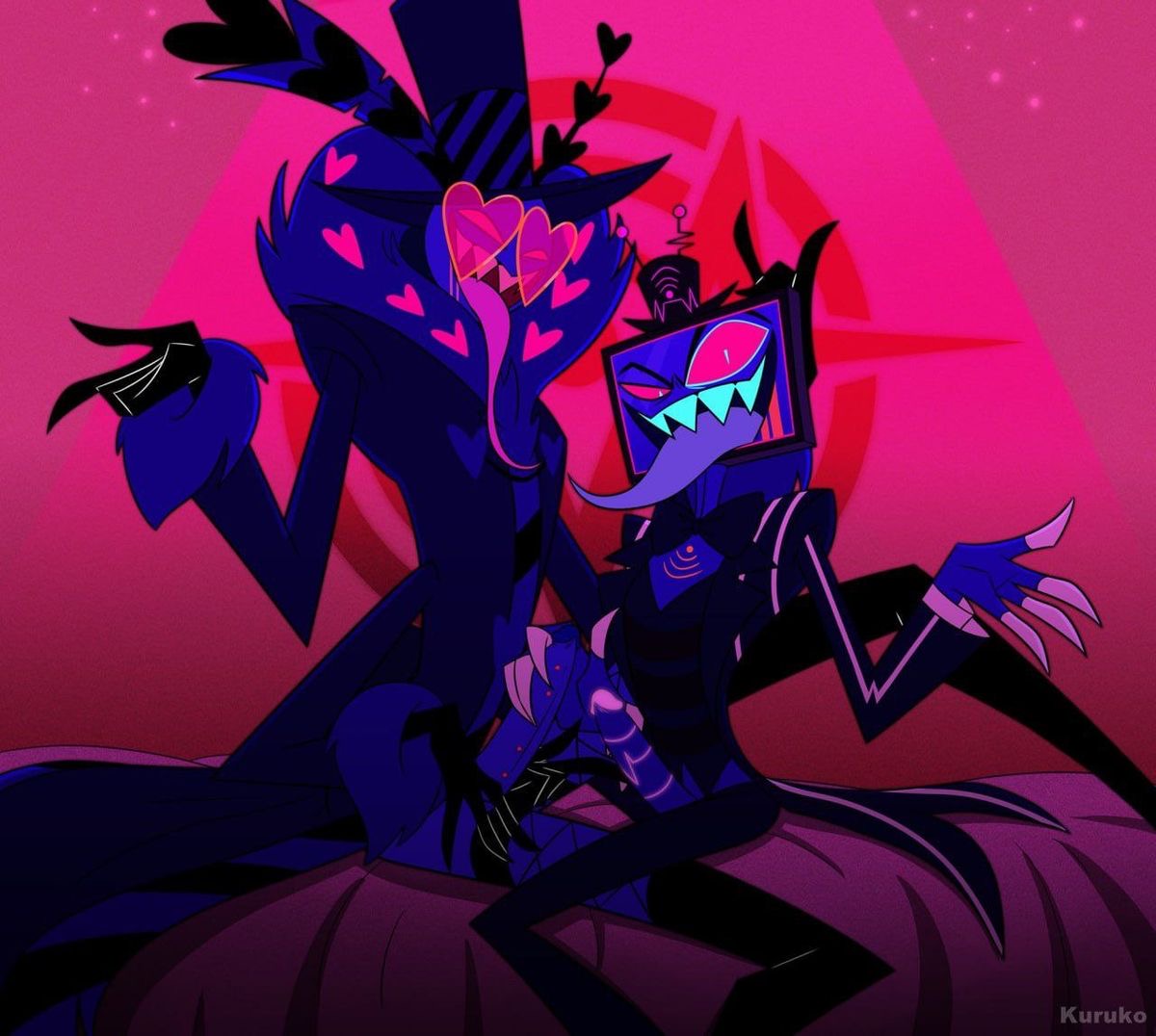 accurate art style, black, blue, branded, branded penis, business attire, business suit, gay, glowing, glowing eyes, glowing genitalia, group masturbation, hat, hazbin hotel, heart symbol, jerking each other off, jerking off, jerking off another, jerking off together, jerkingoff, jerkingoff another, jerkingoff together, kuruko, logo, male, male only, male/male, moth, on unknown surface, penis, penis out, penis size difference, penis tattoo, pimp attire, pimp hat, pink, purple, red, staticmoth, suit, tagme, television, television head, television screen, tongue, tongue out, trench coat, trenchcoat, tv, tv head, tv screen, valentino (hazbin hotel), vees (hazbin hotel), vivienne medrano, vivziepop, vox (hazbin hotel), voxtek, voxtek logo