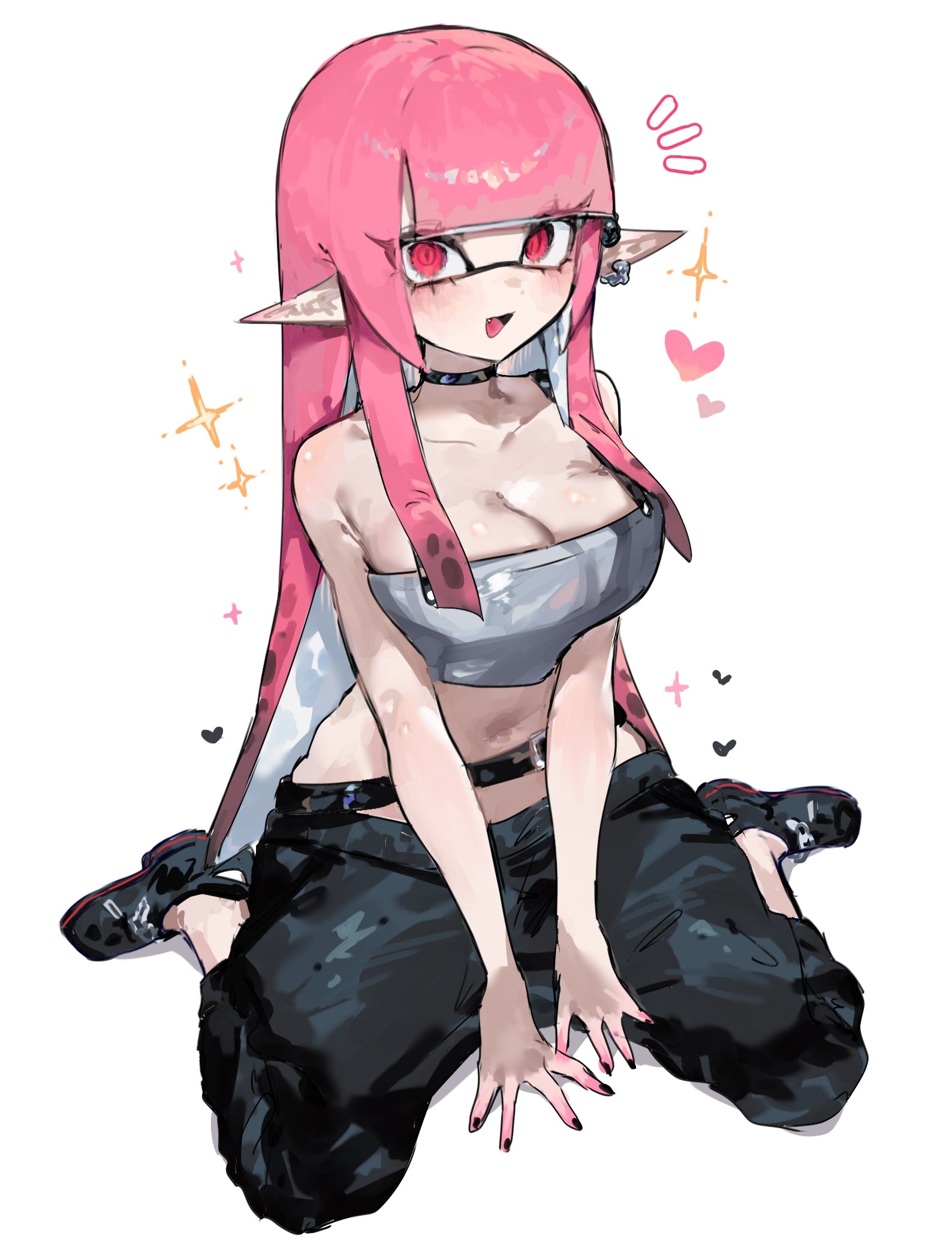 1girls, bangs, black pants, blunt bangs, breasts, choker, cleavage, collar, cute fang, female, inkling, inkling girl, large breasts, long hair, looking at viewer, marie (splatoon) (cosplay), nintendo, open mouth, pants, pink eyes, pink hair, pointy ears, simple background, solo, solo female, solo focus, splatfest, splatoon, splatoon (series), splatoon 3, summer nights splatfest, tentacle hair, togetoge, white background