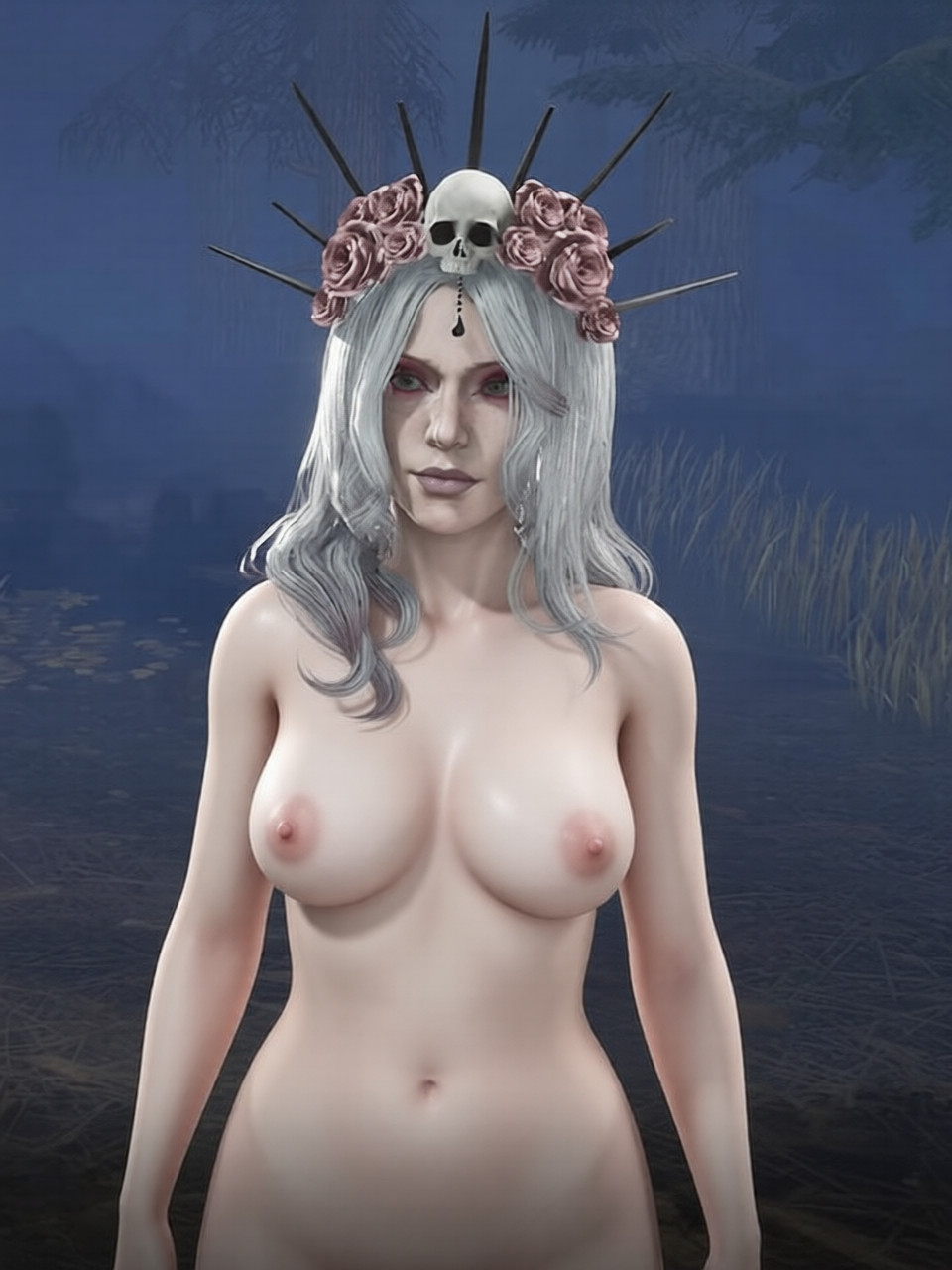 1girls, 2026, ai, ai assisted, ai generated, behaviour interactive, big breasts, breasts, breasts out, calm, completely naked, completely nude, completely nude female, dbd, dead by daylight, eyeshadow, female, female focus, female only, forest, forest background, goth, goth girl, gothic, light skin, light-skinned female, lips, lipstick, long hair, makeup, medium breasts, naked, naked female, navel, nipples, nude, pink hair, purple lipstick, sable ward, shiny, shiny skin, solo, solo female, solo focus, tits, white hair