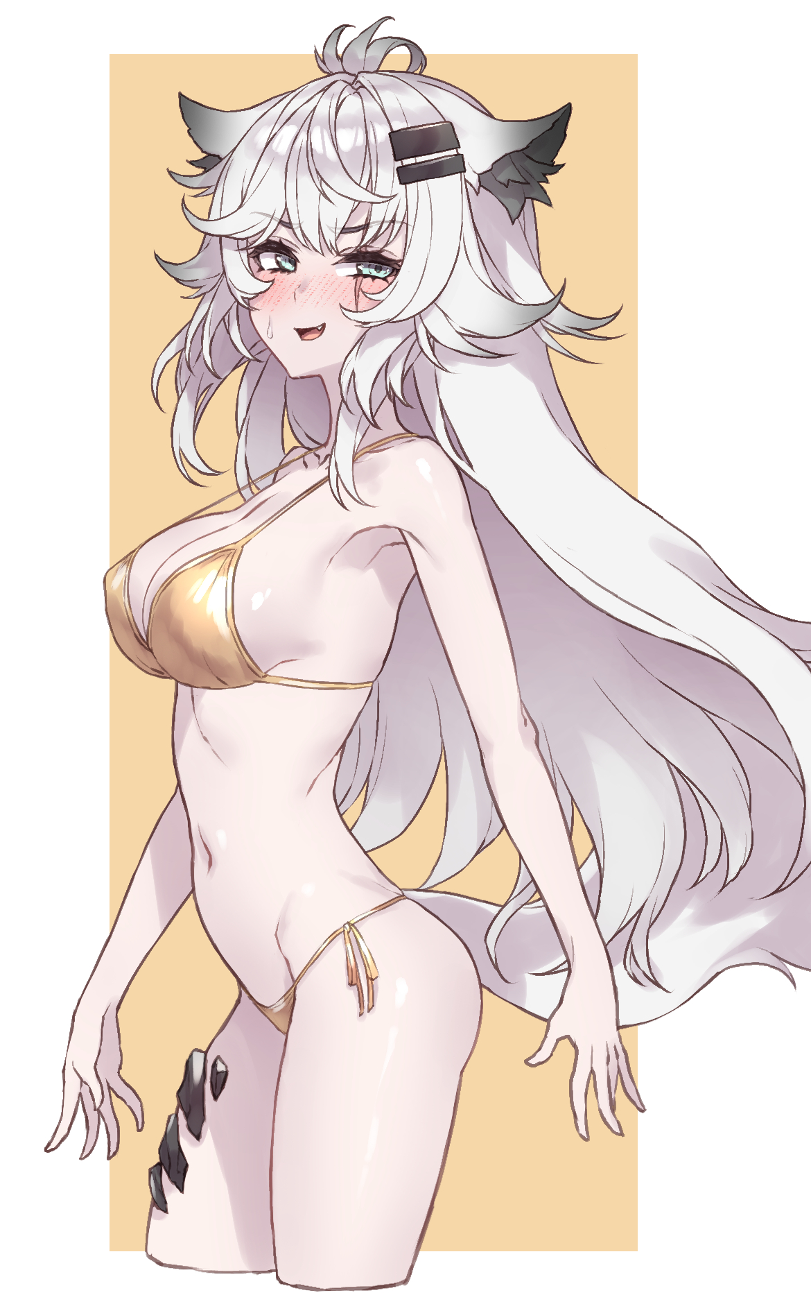 2025, alternate costume, animal ears, aqua eyes, arknights, bare arms, bare shoulders, bikini, blush, border, breasts, cleavage, collarbone, cropped legs, embarrassed, female, fluffy hair, fluffy tail, golden week, golden week bikini, groin, hair ornament, hairclip, hi res, lappland (arknights), long hair, looking at viewer, medium breasts, navel, nervous, nervous smile, oerba yun fang, open mouth, outside border, shiny skin, sicsic49, side-tie bikini bottom, simple background, smile, solo, spaghetti strap, standing, strap gap, sweatdrop, swimsuit, tail, thighs, white border, white hair, white tail, wolf ears, wolf girl, wolf tail