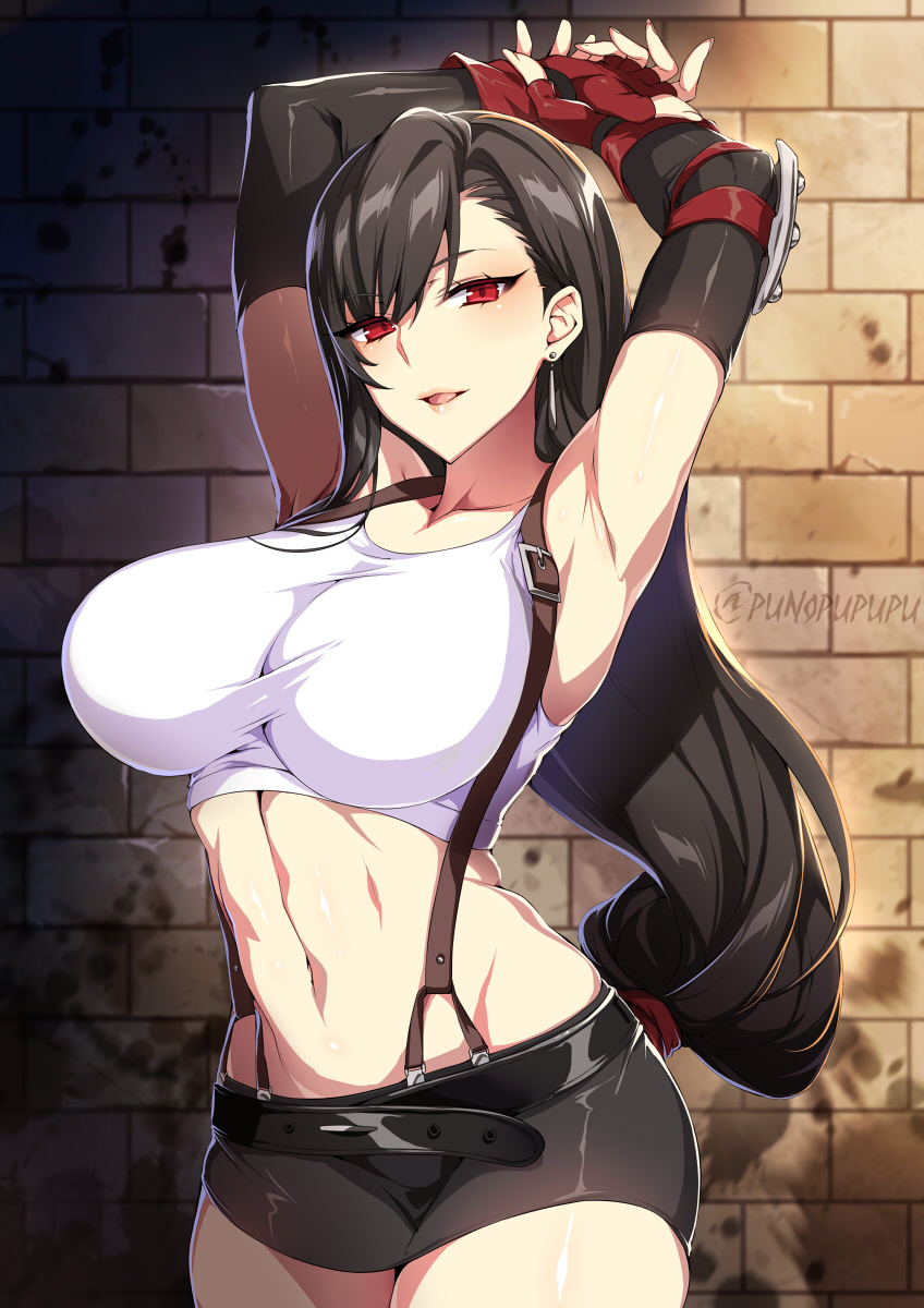 1girls big_breasts black_hair clothed crop_top earrings female female_only final_fantasy final_fantasy_vii hands_above_head large_breasts long_hair looking_at_viewer miniskirt navel open_mouth posing punopupupu red_eyes skirt smile solo solo_female square_enix tifa_lockhart tight_clothing voluptuous zeroshiki_kouichi