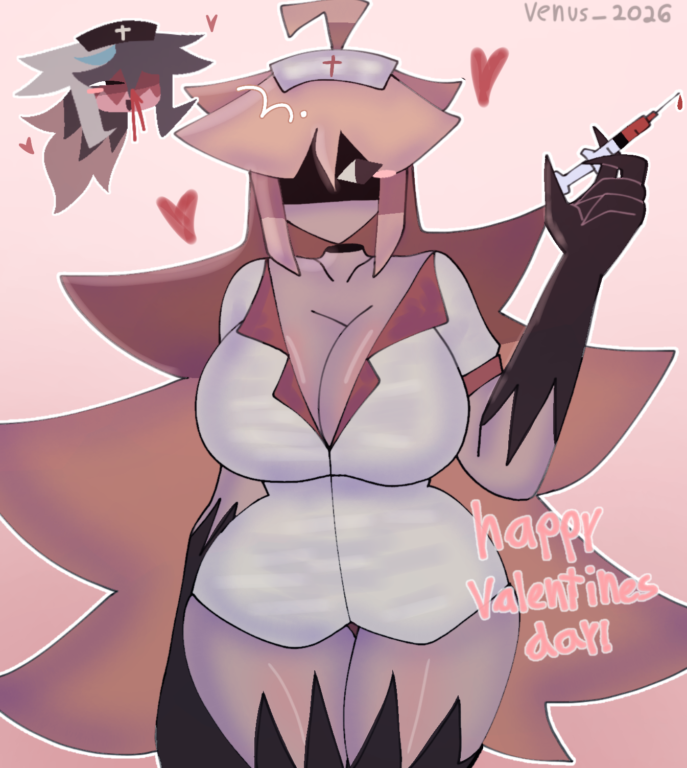 2026, 2girls, big breasts, big thighs, black eyes, blonde hair, breasts, claws, dangerous forest, fen (kaaatie), fpe, fundamental paper education, gloves, heart, holding object, holding syringe, idk what to tag it, kaaatie, lesbian couple, long hair, looking to the side, nosebleed, nurse, nurse cap, nurse uniform, syringe, venus 2026, watermark, xister, xister (kaaatie), xisterxfen, yuri