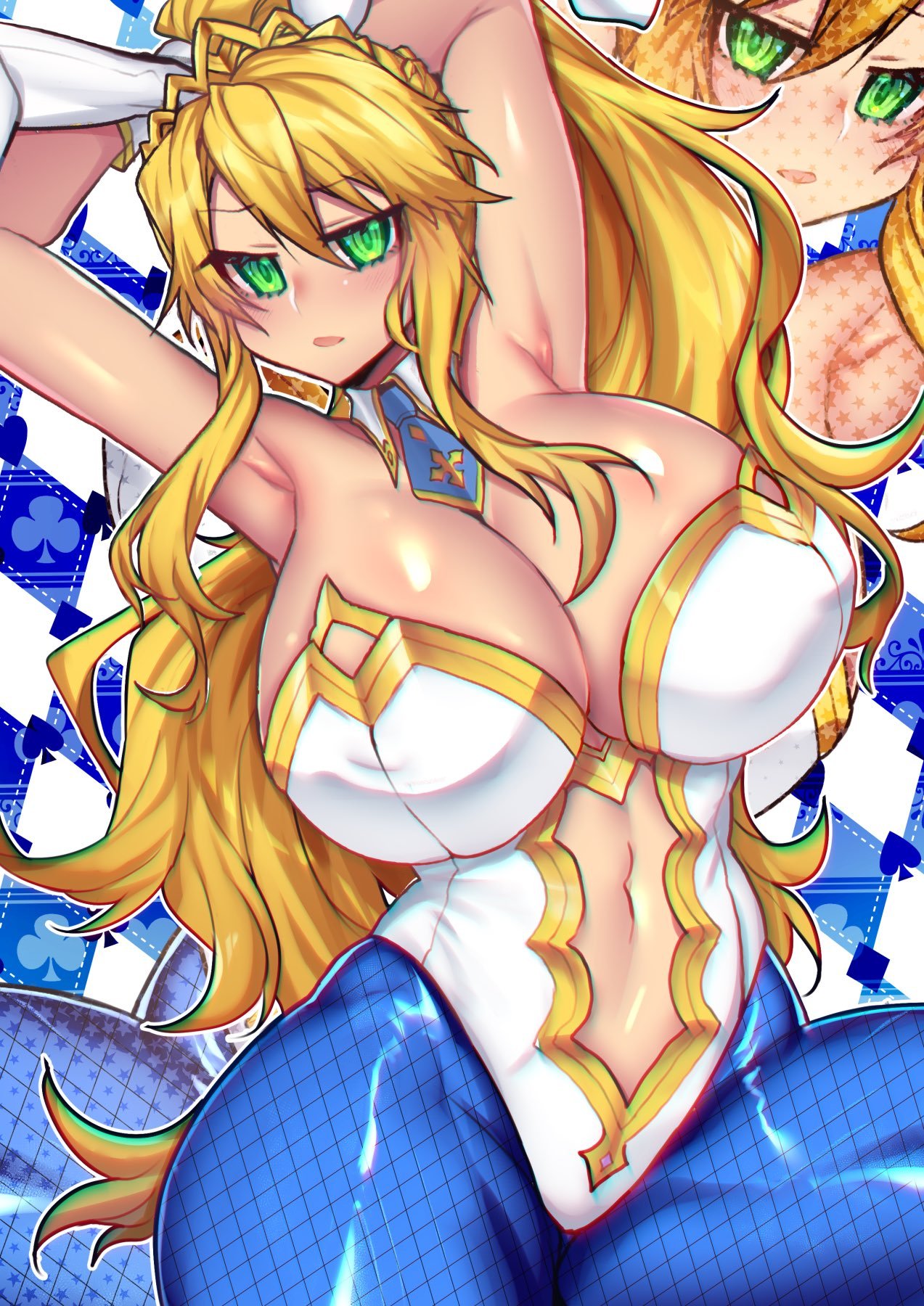 1girls, armpits, arms behind head, artoria pendragon, artoria pendragon (lancer), artoria pendragon (swimsuit ruler), blonde hair, breasts, bunny ears, bunny girl, bunnysuit, fate (series), fate/grand order, female, green eyes, huge breasts, long hair, looking at viewer, osiimi, thick thighs, tie