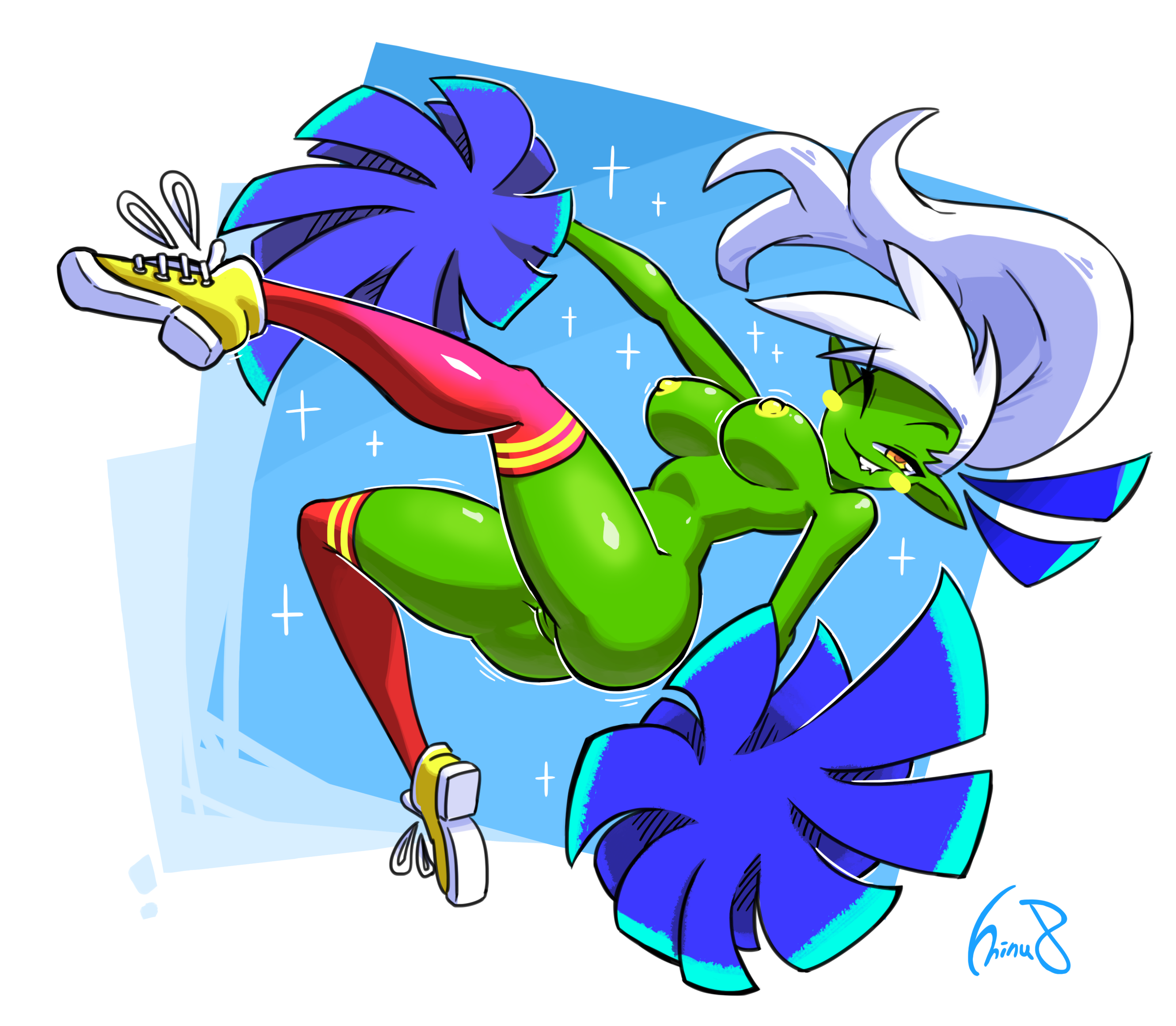 ass, big ass, big breasts, blush stickers, breasts, cheerleader, female, goblin, goblin female, gogo (minus8), green skin, kneehighs, minus8, nipples, original, pointy ears, pom poms, pussy, solo, solo focus, tennis shoes, yellow eyes