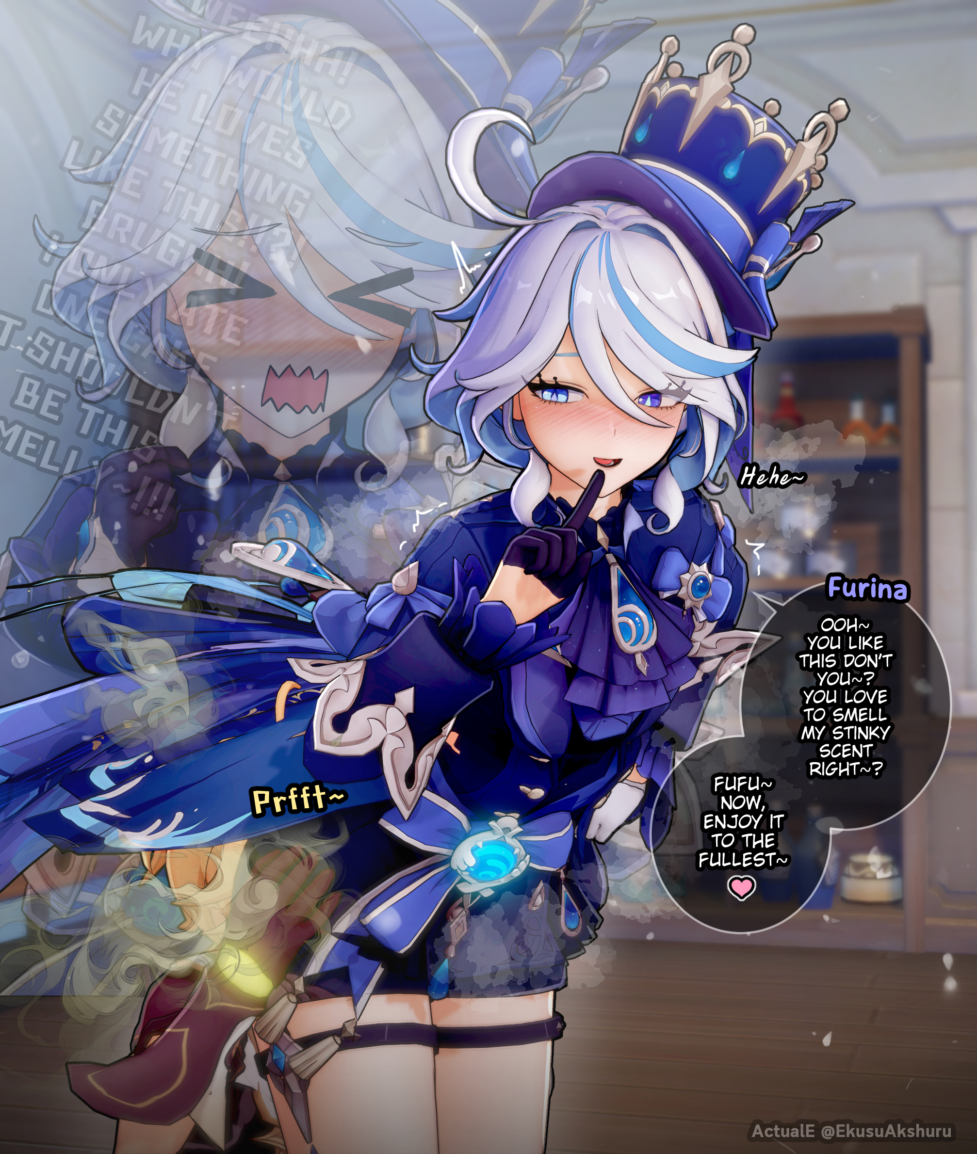 1boy, 1girls, actuale, aether (genshin impact), ass, ass grab, ass sniffing, butt grab, dialogue, enjoying farts, fart, fart cloud, fart fetish, fart sniffing, farting, farting in face, farting on another, farting on face, farts, female, finger on lip, furina (genshin impact), genshin impact, hat, hoyoverse, koikatsu, looking at partner, looking back, looking pleasured, male, mihoyo, smug, smug face, sniffing, sniffing farts, straight, vision (genshin impact), white hair