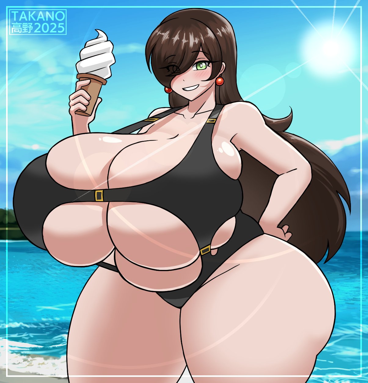 1female 1girls beach black_swimsuit boob_window brown_hair chubby chubby_female dessert female green_eyes ice_cream jpg long_brown_hair long_hair massive_ass massive_breasts massive_butt original original_character red_earrings solo_female swimsuit swimwear tagme takano_(artist) thick_thighs twitter_link vannie_(takano) venus_body white_female white_skin
