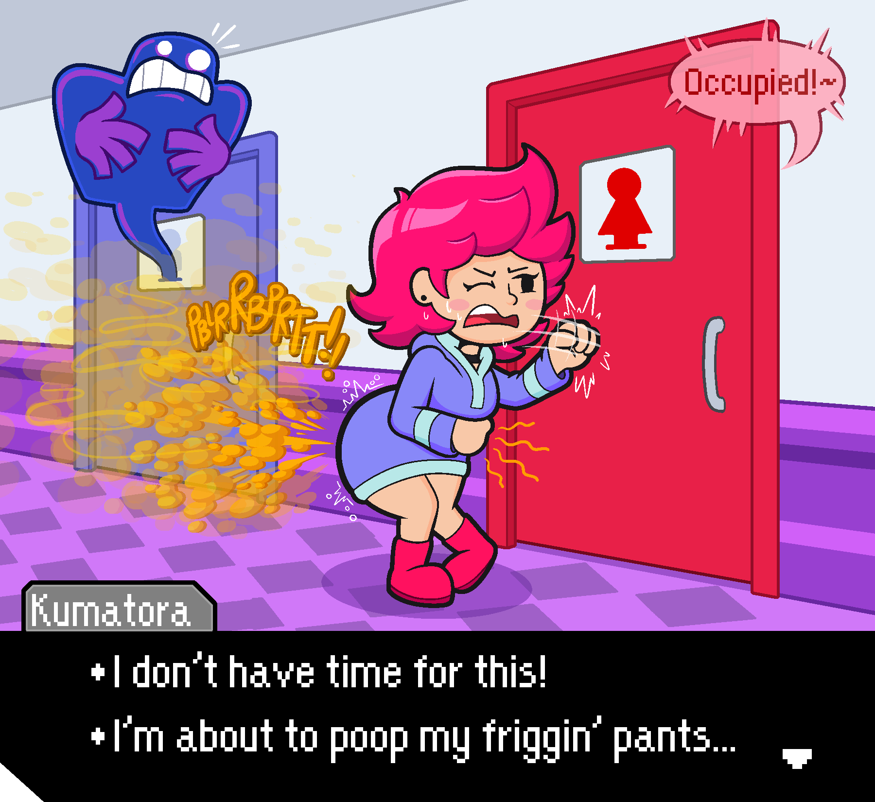 banging_on_door bathroom bathroom_denial bathroom_desperation clutching_stomach fart fart_cloud fart_everywhere fart_fetish farting farts female female_farting ghost holding_stomach kumatora mother_(series) mother_3 pink_hair sorollos stench stink_fumes stinky