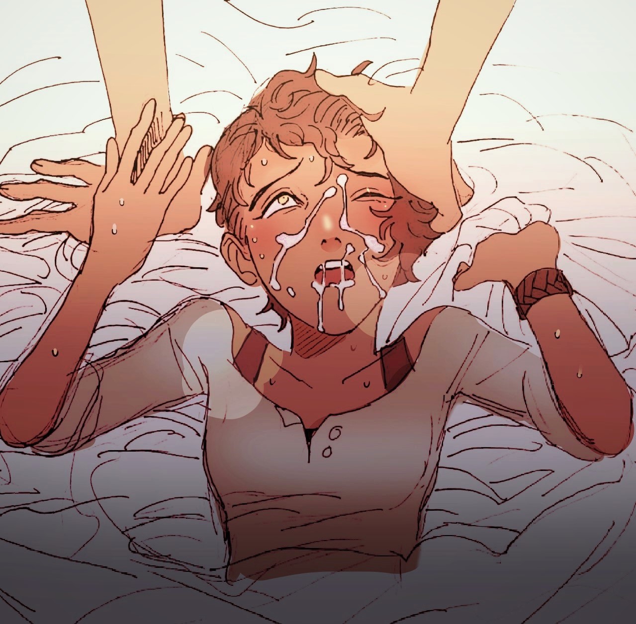1boy, 1girls, after fellatio, after oral, blush, bracelet, breasts, brown eyes, brown hair, clementine (the walking dead), clothed, clothing, clutching sheets, cum, cum in mouth, cum on face, dubious consent, female, female focus, hjoe8, holding head, light skin, light-skinned female, light-skinned male, looking at partner, looking up, male, one eye closed, open mouth, rough, shirt, short hair, small breasts, the walking dead, the walking dead game, the walking dead: a new frontier