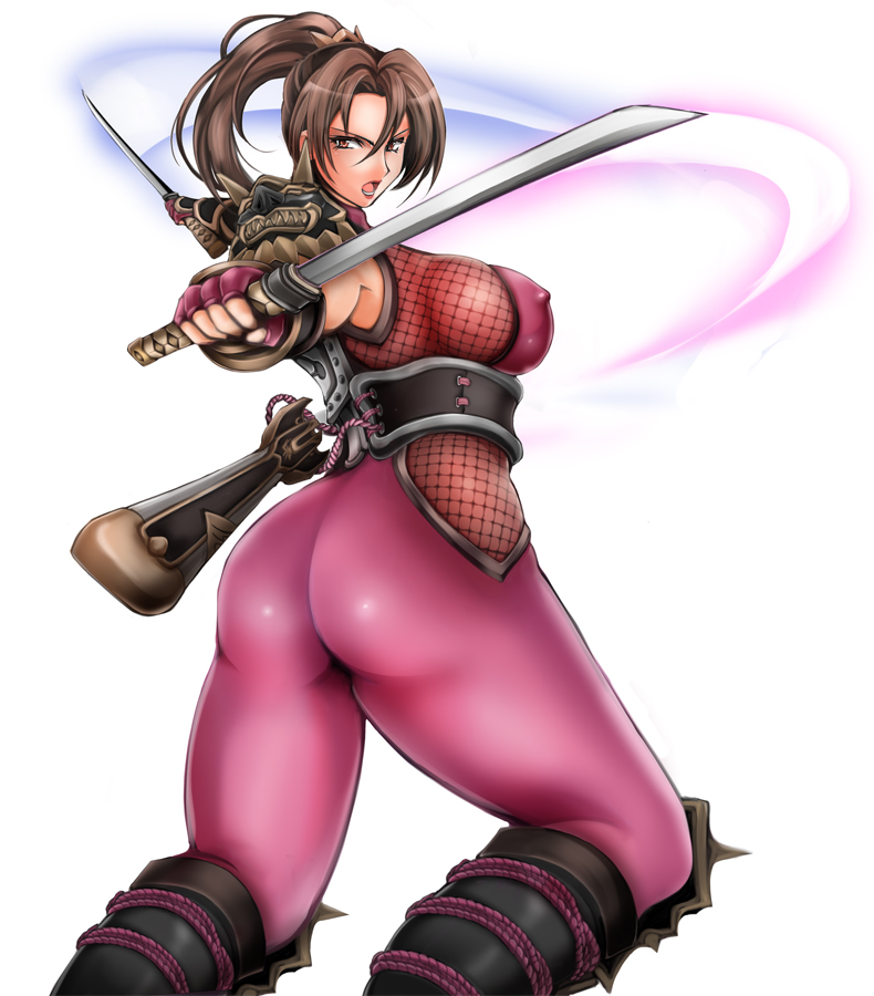 1041_(toshikazu) alluring ass big_breasts bodysuit brown_hair covered_erect_nipples female female_focus kunoichi long_hair ninja nipples ponytail project_soul soul_calibur soul_calibur_ii soul_calibur_iii soul_calibur_vi sword taki taki_(soulcalibur) weapon