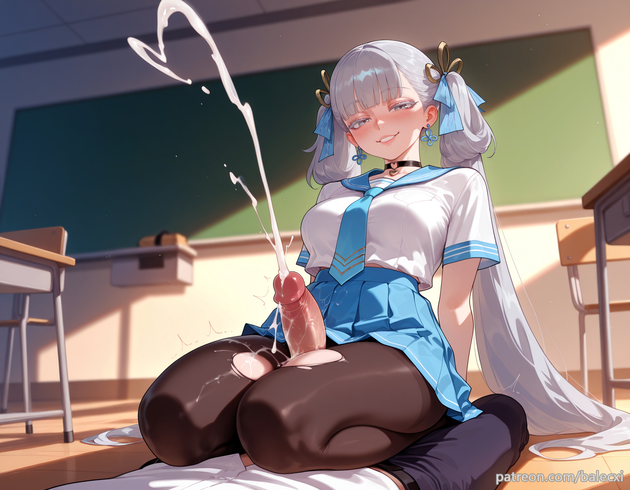 1boy, ai generated, balecxi, black choker, blue skirt, breasts, chalkboard, classroom, cowgirl position, cum, cumshot, earrings, ejaculation, erection, female, grey hair, grin, hair ribbon, hair rings, indoors, jewelry, jinhsi (wuthering waves), large breasts, long hair, male, necktie, penis, pleated skirt, projectile cum, school desk, school uniform, serafuku, short sleeves, sitting, smile, straight, thigh sex, thighs, torn clothes, torn pantyhose, twintails, uncensored, very long hair, white shirt, wuthering waves