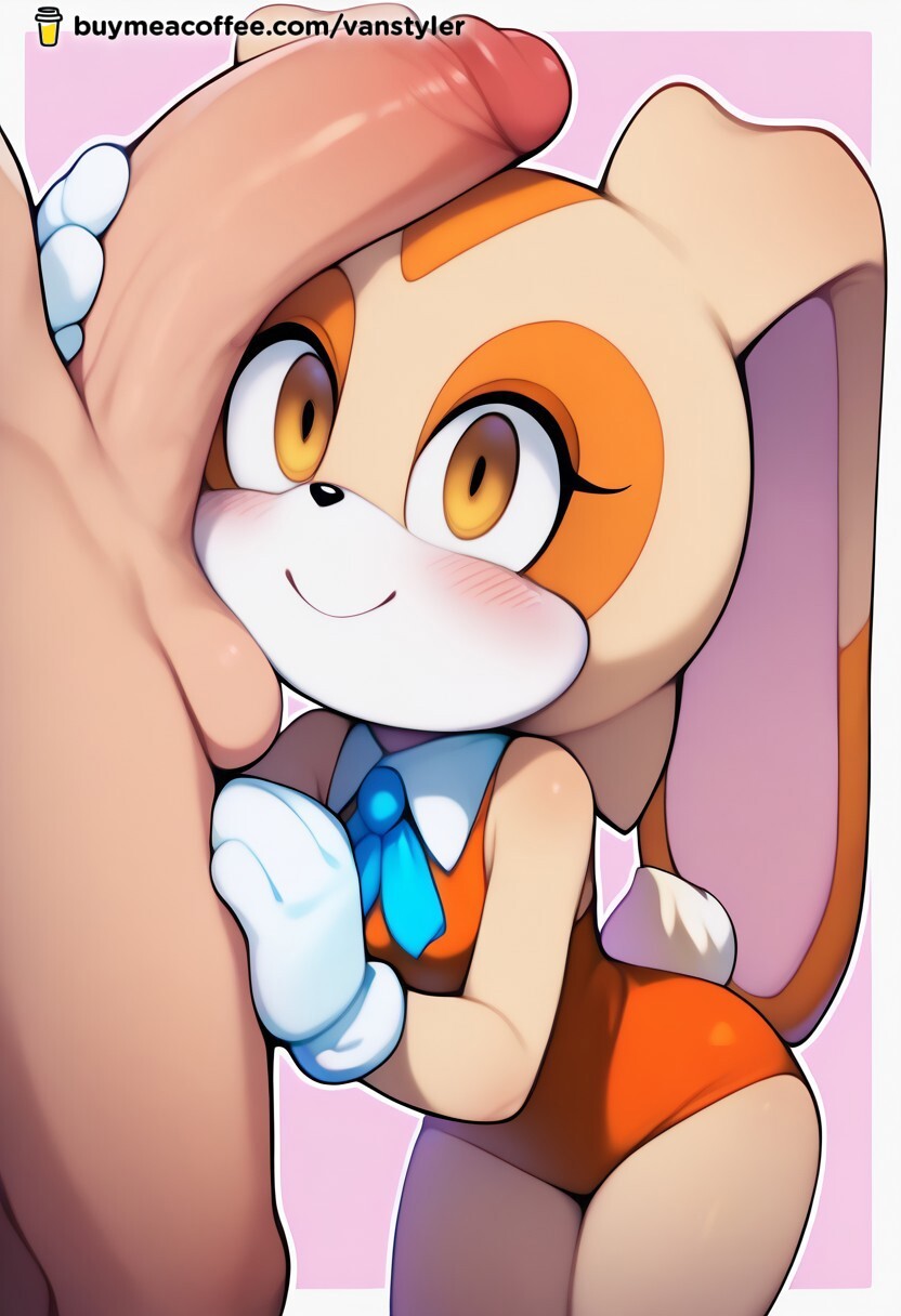 aged up, ai generated, anthro, ass, balls, big ass, big penis, blush, bodysuit, breasts, brown eyes, bunny ears, bunny tail, cream the rabbit, faceless male, female, furry, gloves, grabbing penis, happy, human, human on anthro, long ears, looking at viewer, looking pleasured, male, penis, penis over head, petite, rabbit ears, rabbit tail, size difference, small breasts, sonic (series), tan fur, vanstyler