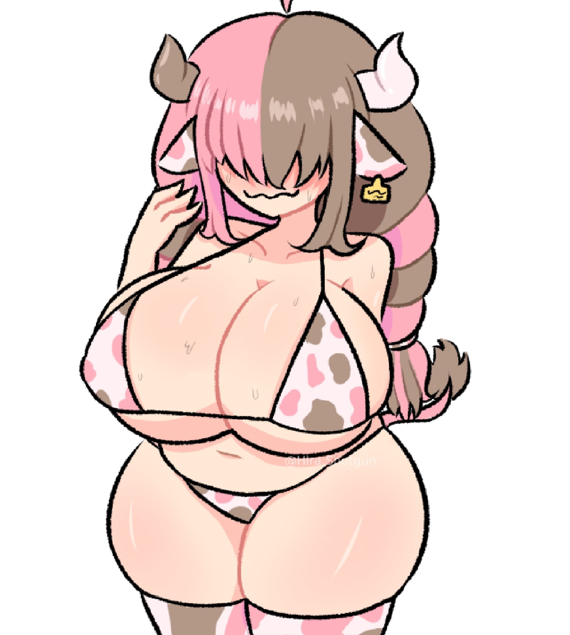 1female, 1girls, 2d, 2d (artwork), 2d artwork, big breasts, breasts, breasts bigger than head, brown hair, cow ears, cow girl, cow horns, cow print, cow print bikini, cow print stockings, cow print thighhighs, cow tag, cow tail, cowbell, cute, cute face, cute female, digital drawing (artwork), digital media (artwork), embarrassed, embarrassed female, female, female focus, female only, front view, hair covering eyes, hira.shotgun, huge breasts, large breasts, light skin, light-skinned female, long hair, multicolored hair, nervous expression, nervous female, nervous smile, pink hair, shy, simple background, smile, solo female, solo focus, sweaty, sweaty body, sweaty breasts, sweaty thighs, thick, thick hips, thick thighs, tria (chimlys art), twintails, white background, wide hips