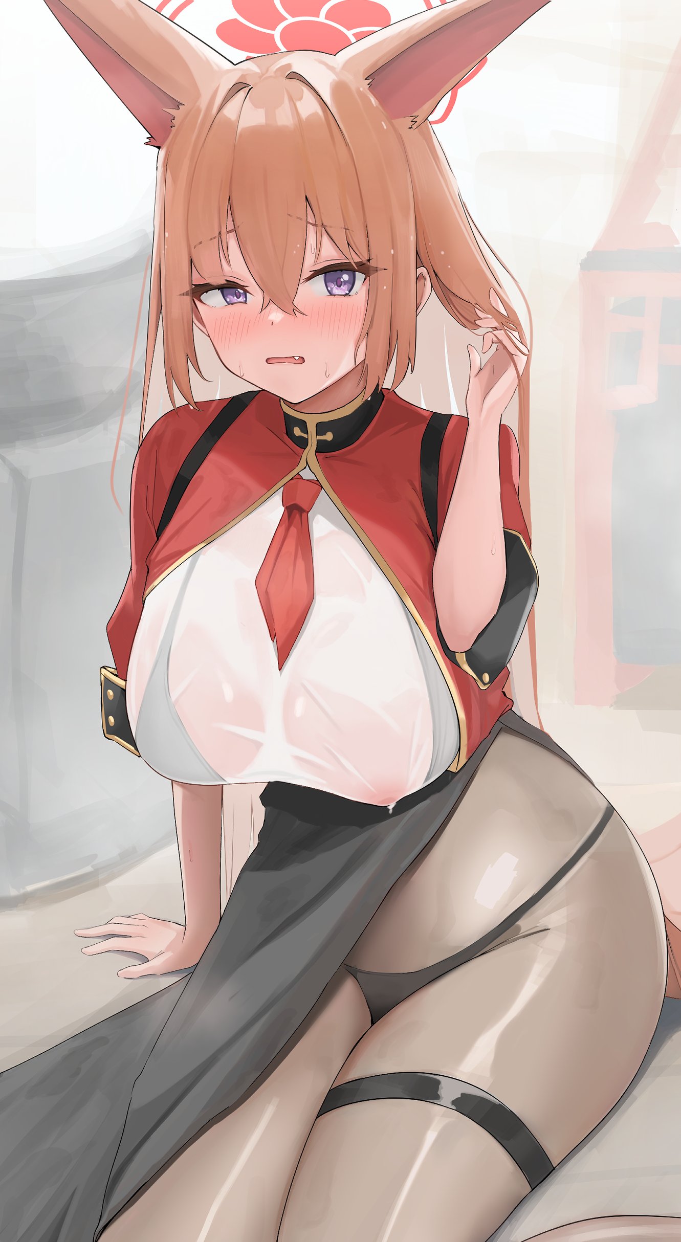 1girls, absurdres, adjusting hair, animal ears, black bra, black panties, black thighhighs, blue archive, blush, bra, breasts, brown hair, commentary, covered nipples, crossed bangs, cute fang, dairiseki, embarrassed, female, fox ears, fox girl, hair between eyes, halo, highres, large breasts, long hair, looking at viewer, multi ear, nose blush, oerba yun fang, panties, purple eyes, red halo, rumi (blue archive), see-through clothes, see-through shirt, shirt, solo, sweatdrop, symbol-only commentary, thigh strap, thighhighs, tight clothes, underwear, wet, wet clothes, wet shirt