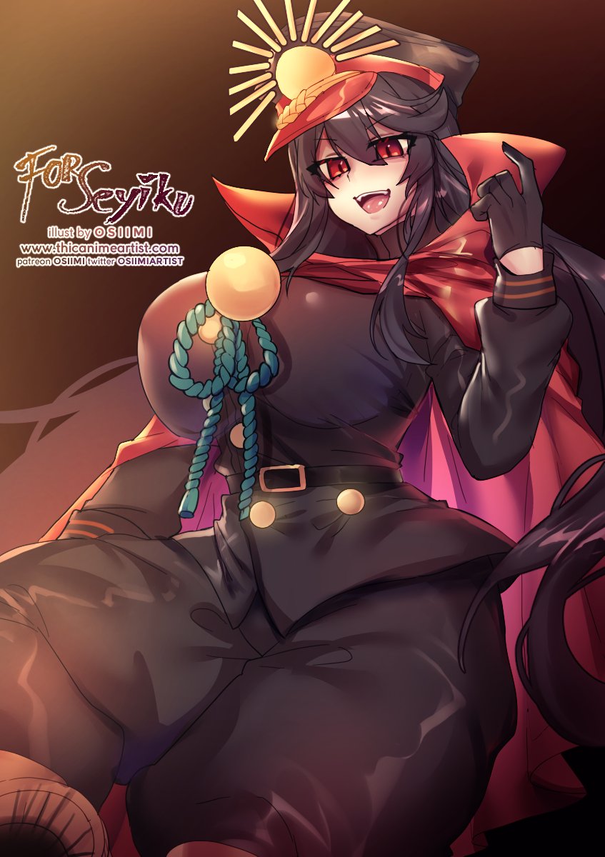 alternate breast size, breasts, cape, dark hair, fate (series), fate/grand order, female, gloves, hat, long hair, looking at viewer, military uniform, oda nobunaga (fate), osiimi, red eyes, thick thighs