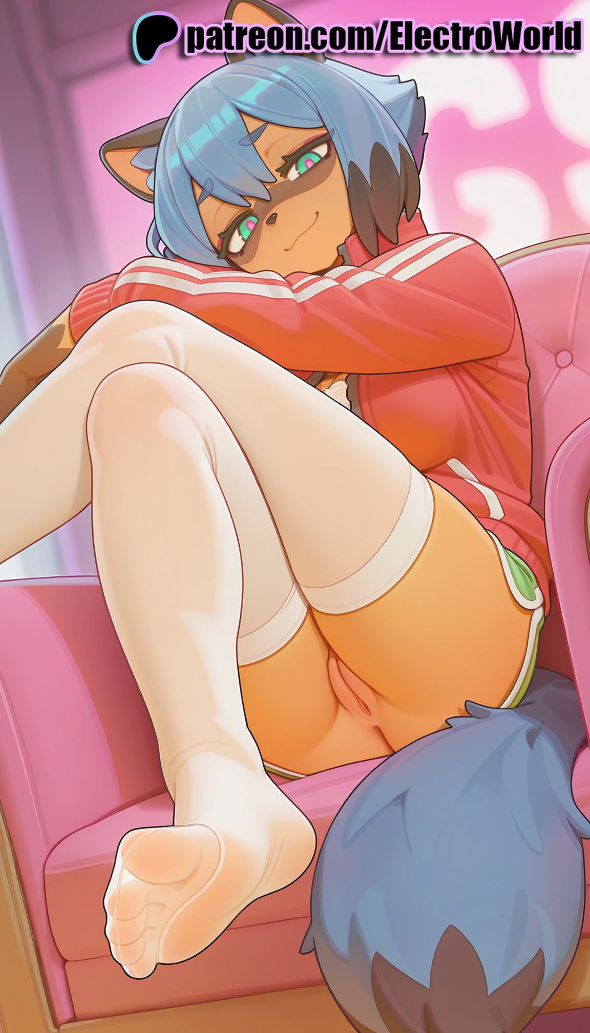1girls, 2025, ai generated, animal ears, artist name, blue hair, body fur, brand new animal, clitoral hood, clitoris, electroworld, exposed pussy, feet, female, furry, furry female, hi res, high quality, high resolution, highres, jacket, juicy pussy, michiru kagemori, patreon, patreon username, pussy, raccoon ears, raccoon girl, raccoon tail, red jacket, short hair, smile, soles, solo, stable diffusion, tail, thighhighs, tight pussy, uncensored, vagina, watermark, white legwear