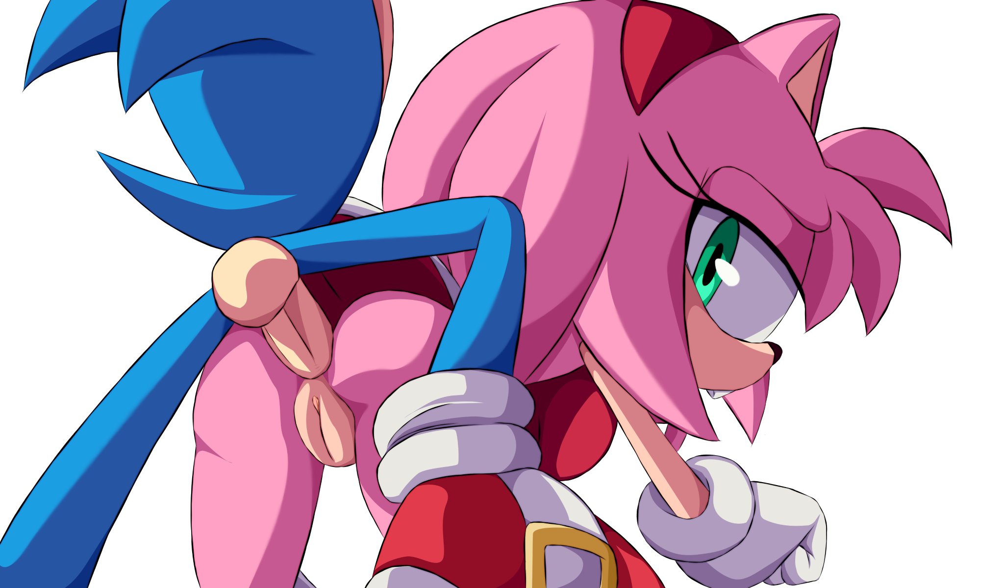 1boy, 1girls, amy rose, anal, anal sex, balls, clothed, doggy style, dress, female, female penetrated, footwear, furry, green eyes, handwear, handwear and footwear only, koturitsu, male, male penetrating female, male/female, pink body, pussy, shoes, simple background, sonic (series), sonic the hedgehog