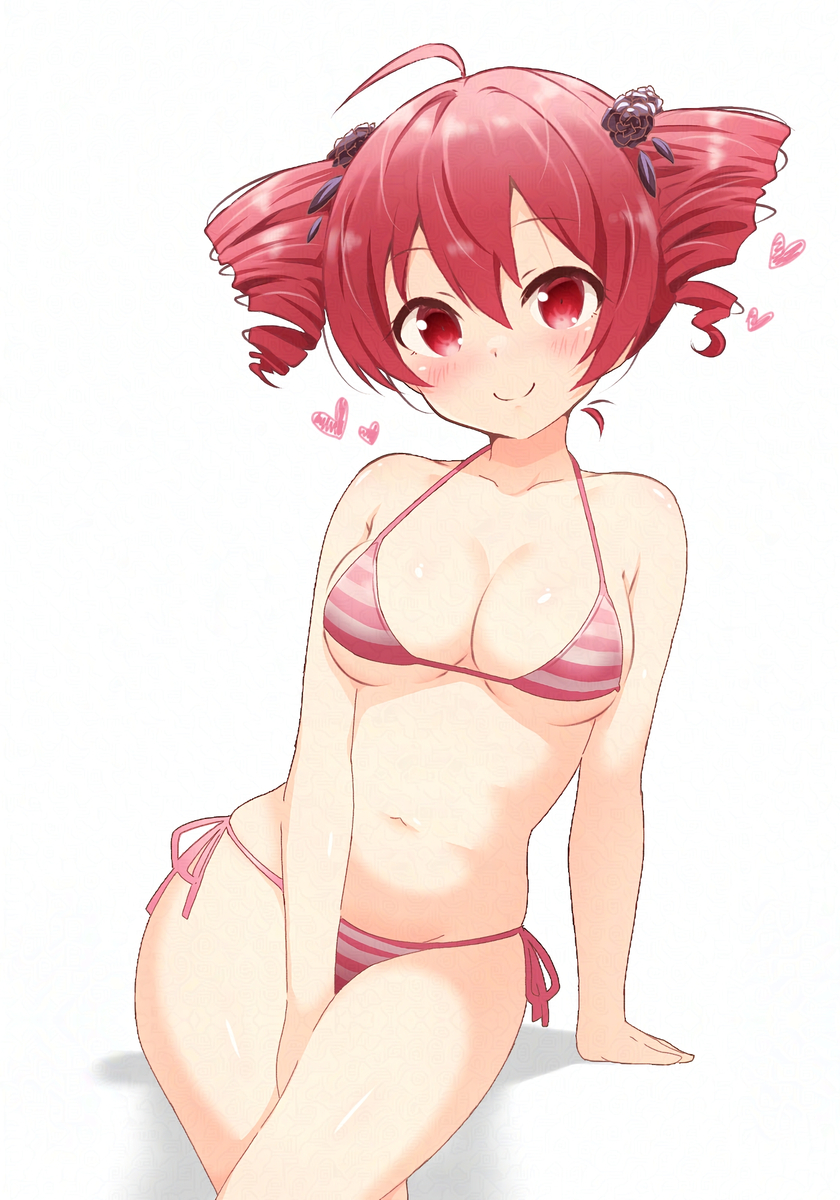 1girls, 2d, 2d (artwork), ahoge, artist request, belly, bikini, blush, breasts, cleavage, curvy, curvy female, female, female only, hair ornament, heart, hearts around head, kasane teto, medium breasts, navel, red eyes, red hair, side-tie bikini, small bikini, solo, solo female, striped bikini, thick thighs, thighs, twin drills, utau, white background