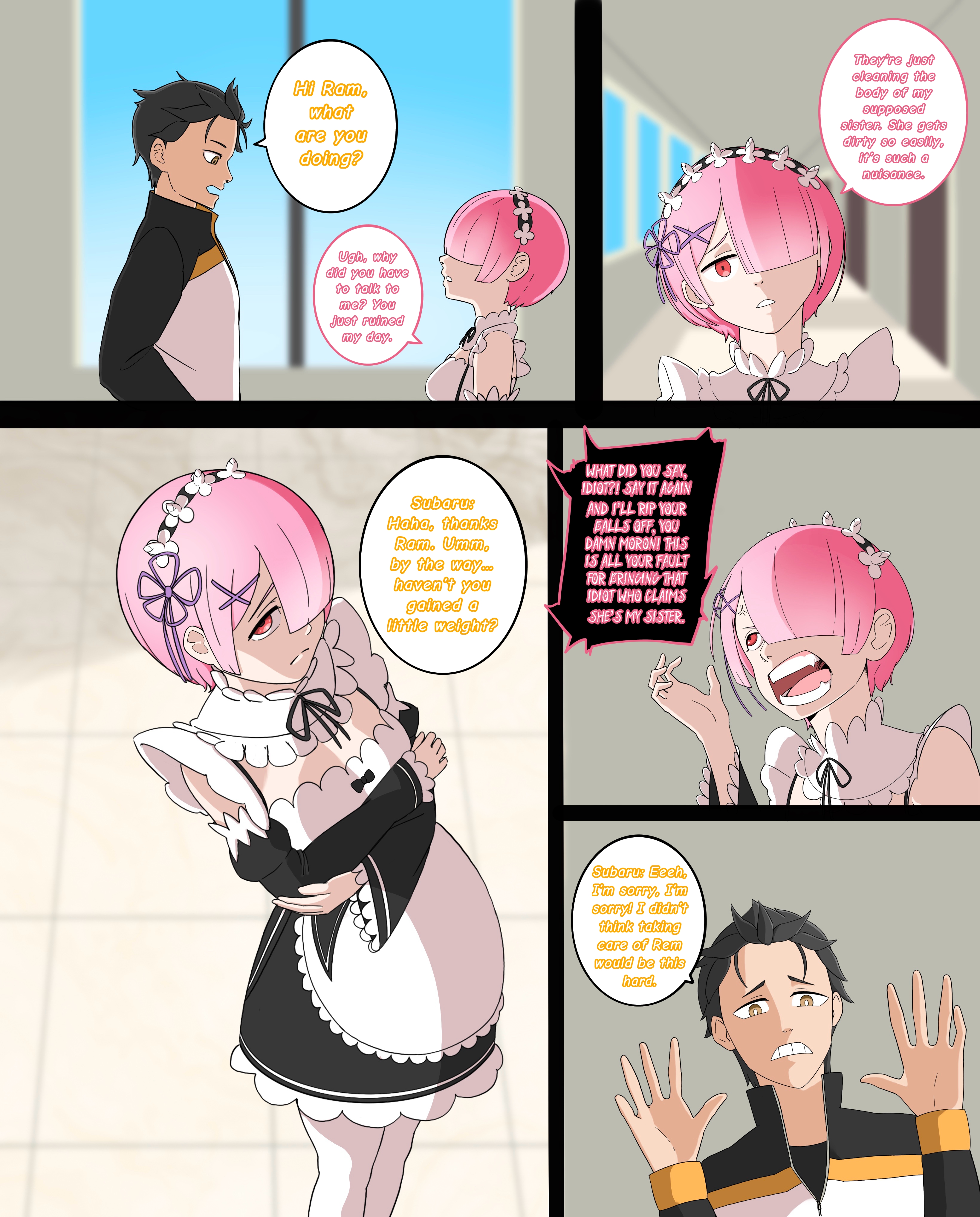 angry, angry face, big belly, comic page, cumflated belly, cumflation, futanari, inflation, intersex, kurisu dy, ram (re:zero), re:zero kara hajimeru isekai seikatsu, rem (re:zero), stomach bulge, stomach deformation