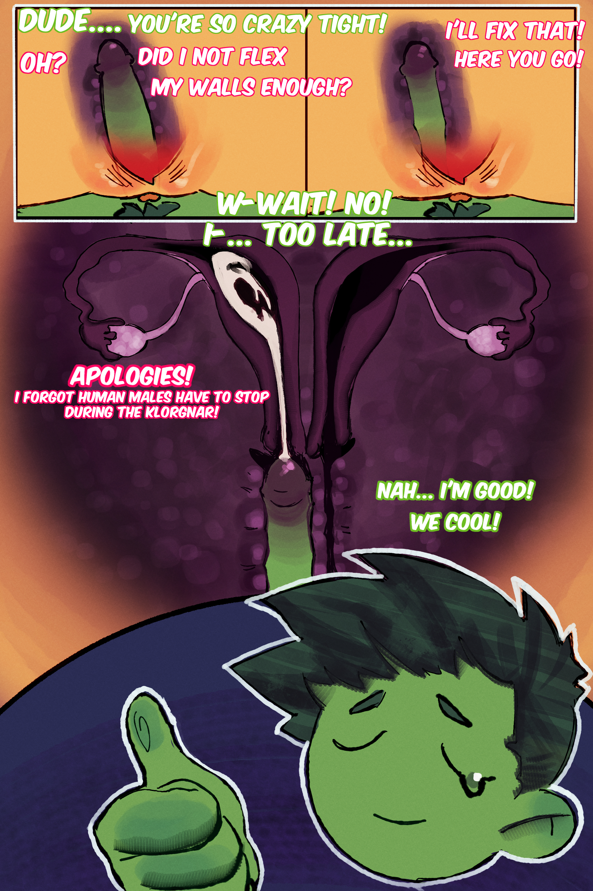 1boy, 1girls, advertisement, alien, alien genitalia, alien girl, alien pussy, beast boy, breasts, chibi, clitoris, comic, comic page, cum, cum in pussy, cum in uterus, cum inside, dc, dc comics, dialogue, ejaculation, fallopian tubes, female, female/male, green eyes, green hair, green skin, human, internal, internal cumshot, internal view, male, multiple vaginas in one vulva, nipples, orange skin, ovaries, penetration, penis, promo, promotional art, pubes, pubic hair, pussy, red hair, sex, squeezing, starfire, straight, tear, teen titans, text, text bubble, uterus, vaginal penetration, vaginal sex, womb, x-ray