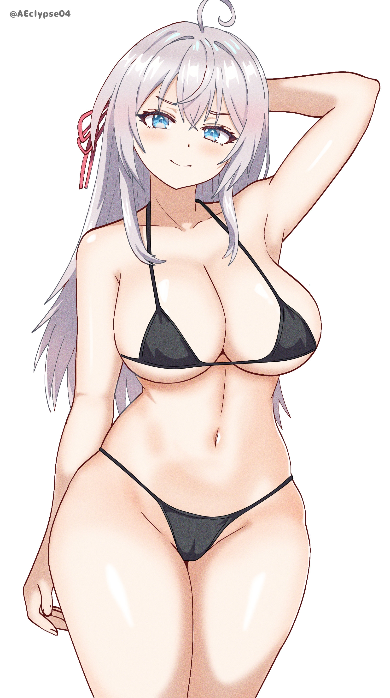 1girls, ahoge, alisa mikhailovna kujou, alternate breast size, antenna hair, armpit, armpit crease, armpit peek, armpits, bare armpits, bare arms, bare belly, bare chest, bare hands, bare hips, bare legs, bare midriff, bare navel, bare shoulders, bare skin, bare thighs, belly, belly button, bikini, bikini bottom, bikini only, bikini top, blue eyes, blue-eyed female, blush, blush face, blushing at viewer, blushing female, breasts, busty, busty female, busty teenager, cleavage, closed mouth smile, collarbone, curvaceous, curvaceous body, curvaceous female, curvaceous figure, curvaceous hips, curvaceous teenager, curvaceous thighs, curvy, curvy body, curvy female, curvy figure, curvy hips, curvy thighs, eclypse, elbows, exposed armpits, exposed arms, exposed belly, exposed chest, exposed hips, exposed legs, exposed midriff, exposed navel, exposed shoulders, exposed skin, exposed thighs, female, female focus, female only, fingers, groin, hair between eyes, hairless armpits, halterneck, hand behind head, head tilt, high resolution, high school student, highres, hourglass figure, large breasts, lean figure, lips, long hair, looking at viewer, midriff, narrow waist, navel, nervous, nervous expression, nervous face, nervous female, nervous smile, partially exposed vulva, partially visible vulva, pussy, schoolgirl, shaved armpits, shoulders, shy, shy expression, shy smile, silver hair, silver-haired female, simple background, slender body, slender waist, slim waist, smile, smiley face, smiling, smiling at viewer, smirk, solo, standing, string bikini, swimsuit, swimwear, teenage female, teenager, thick thighs, thighs, tilted head, tokidoki bosotto russian de dereru tonari no alya-san, upper body, white background, wide hips, young female, young woman
